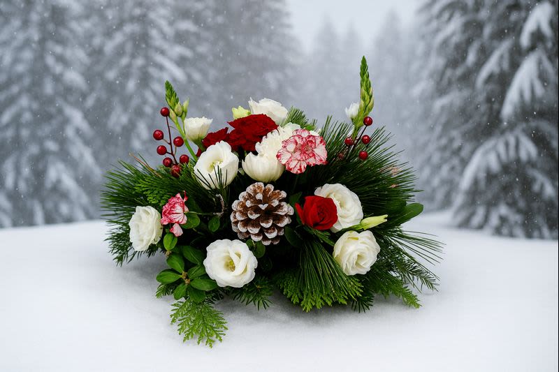 KC925 Cute Round Centerpiece - KC925 Holly Jolly Gathering This beautiful round Christmas centerpiece—available in three sizes—brings festive charm and classic holiday elegance to any table. Each arrangement is filled with rich red and peppermint carnations, graceful Star of Bethlehem blooms, snowy white pompons, white-tipped pinecones, and bright red winter berries. All of these seasonal favorites rest atop a lush bed of fresh evergreens, creating a display that feels both cheerful and timeless. Choose the perfect size for your own table, or use two or three centerpieces together to create a stunning, continuous look for a longer dining space. Whether you're hosting an intimate gathering or a grand holiday feast, this centerpiece adds warmth, beauty, and joyful Christmas spirit to your celebration. 