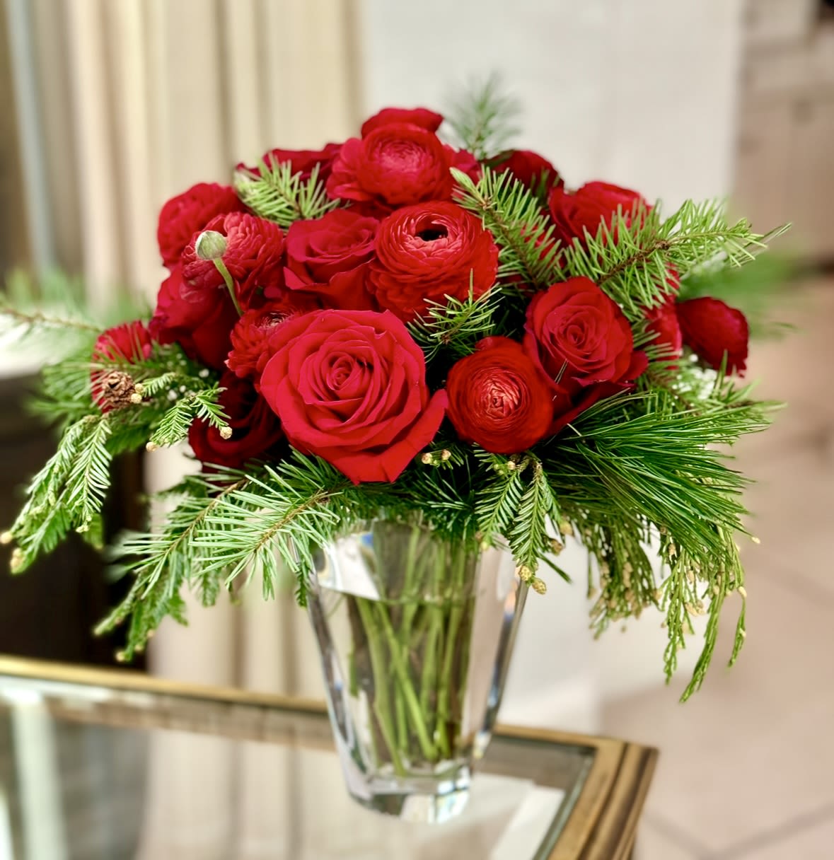 FA LA LA LA LA - A beautiful, elegant holiday design of roses , pine and ranunculous… simple and elegant!
