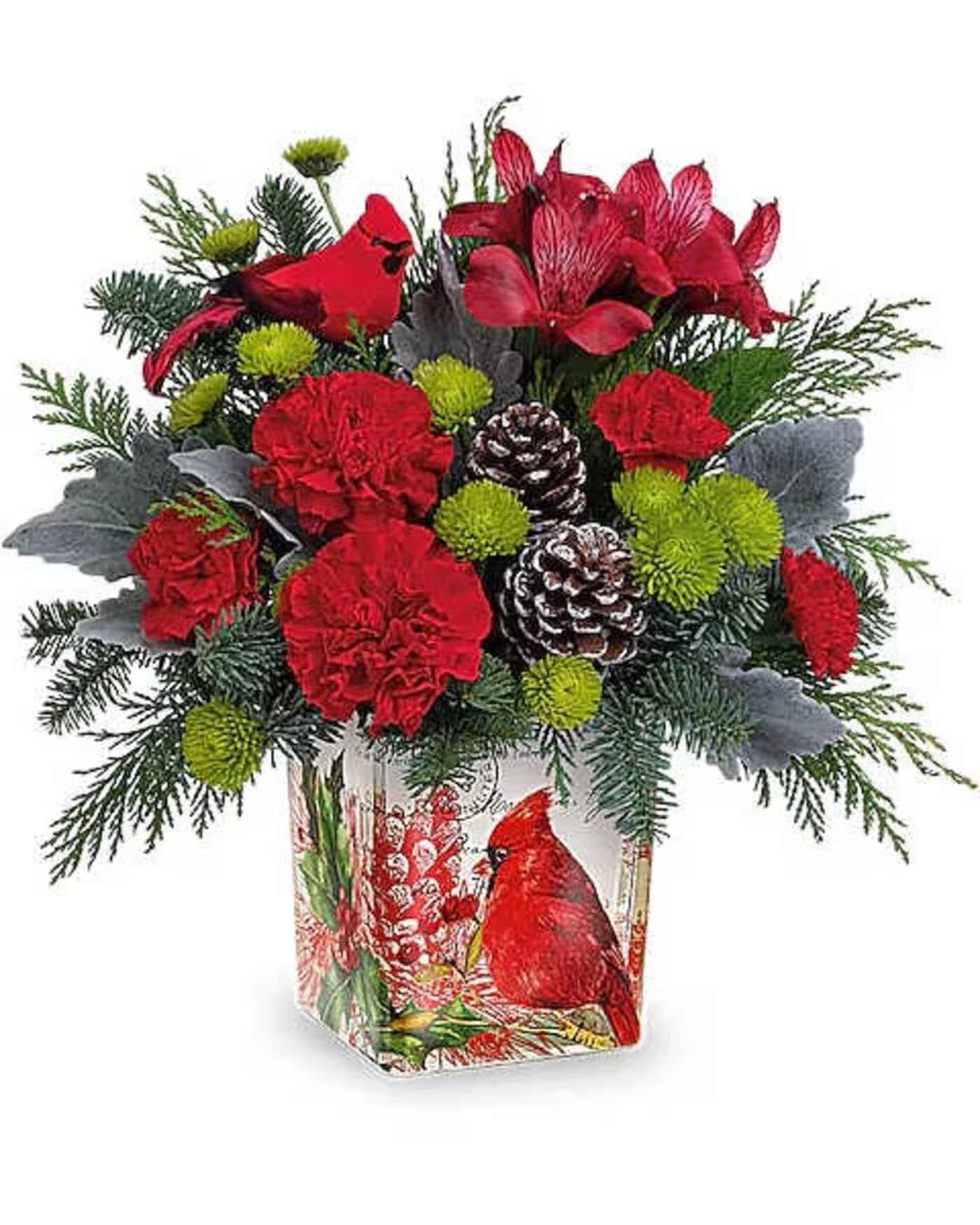 Teleflora's Send A Hug® North Pole Penguin - Filled with festive flowers now, hot cocoa later, this sweet ceramic penguin mug is a holly jolly holiday treat! This bouquet features red roses, red carnations, miniature red carnations, dusty miller, douglas fir and white pine. Delivered in a North Pole Penguin Mug.