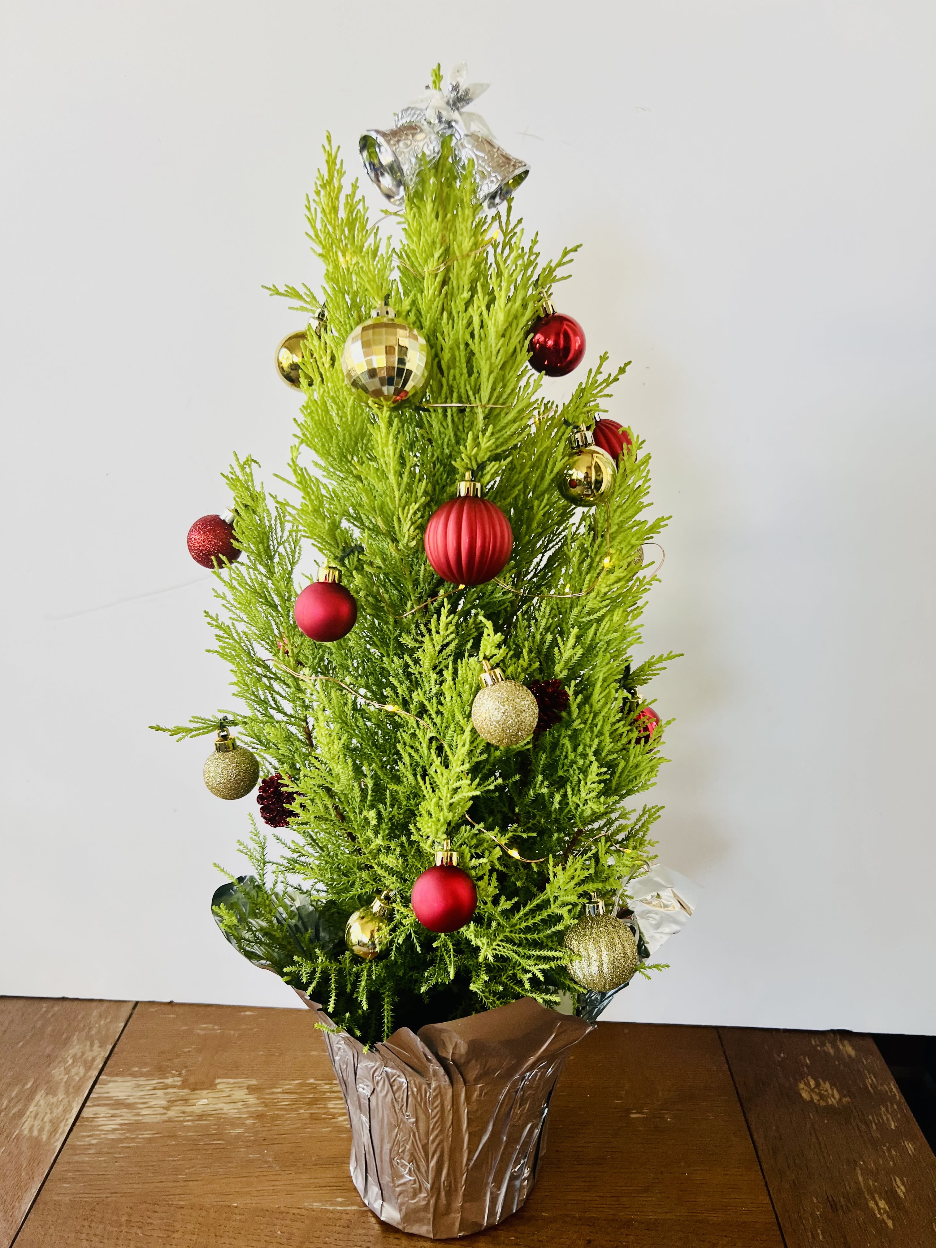 CozySpruce Holiday Tree - A charming 24-inch cypress Christmas tree, glowing with warm lights and festive ornaments.Perfectly sized for desks, shelves, or cozy corners, adding instant holiday cheer.A thoughtful gift or a delightful accent to enjoy in your own space this season.This tree comes in a wicker basket .For same day delivery and Free Delivery Options Text or Call  832-973-1376.