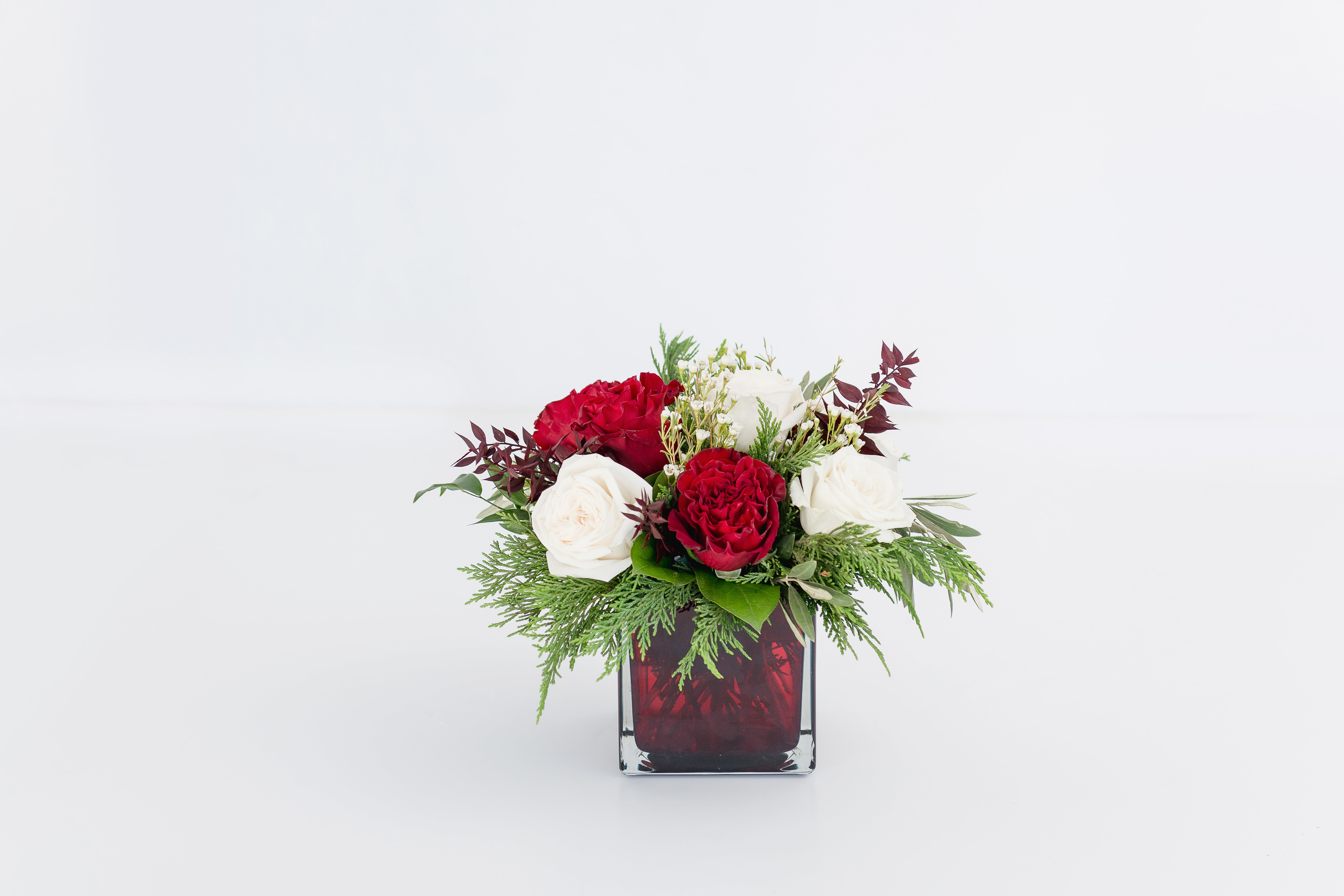 Joyful Collection Centerpiece  - All the colors of the holiday season in this timeless design! A red 4&quot; glass cube vase filled with two varieties of garden roses, draping Cedar greenery for a lovely scent, waxflower, touches of Italian Ruscus and Olive branch. Just stunning! Ideal as a gift or to decorate the home or office.   Product Details: This arrangement is approximately 7&quot; square. 