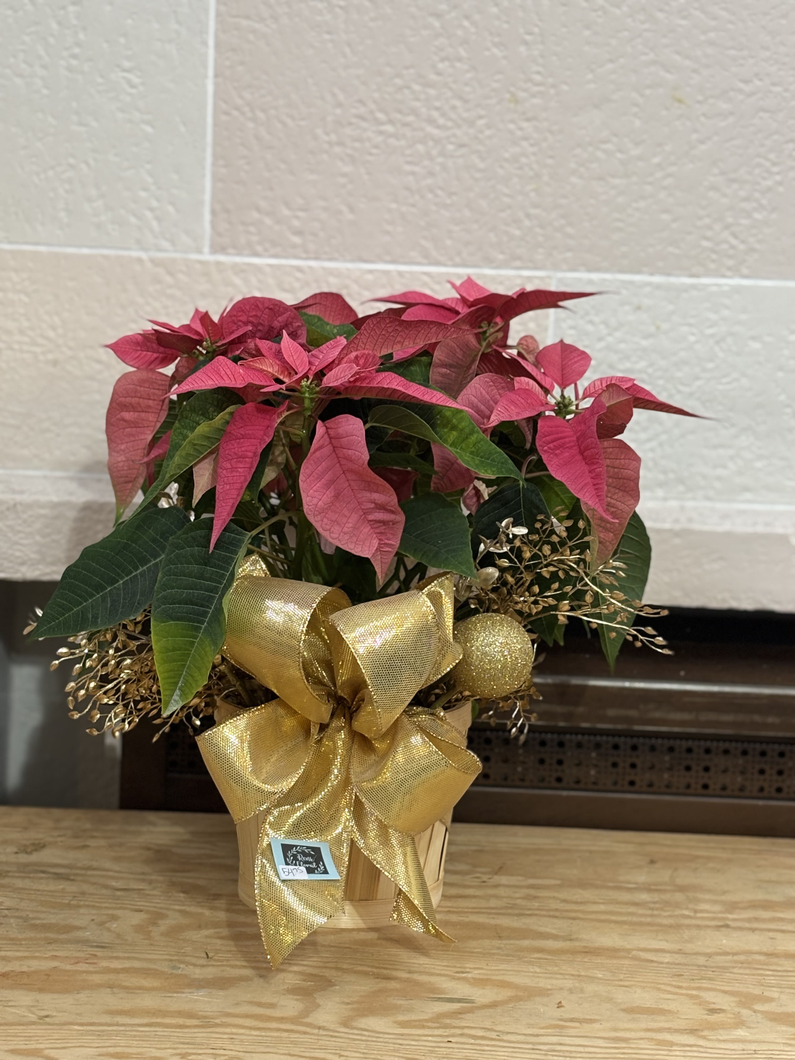 Gold Ornament Pointsettia  - A 6&quot; poinsettia with gold ornaments and artificial added. 