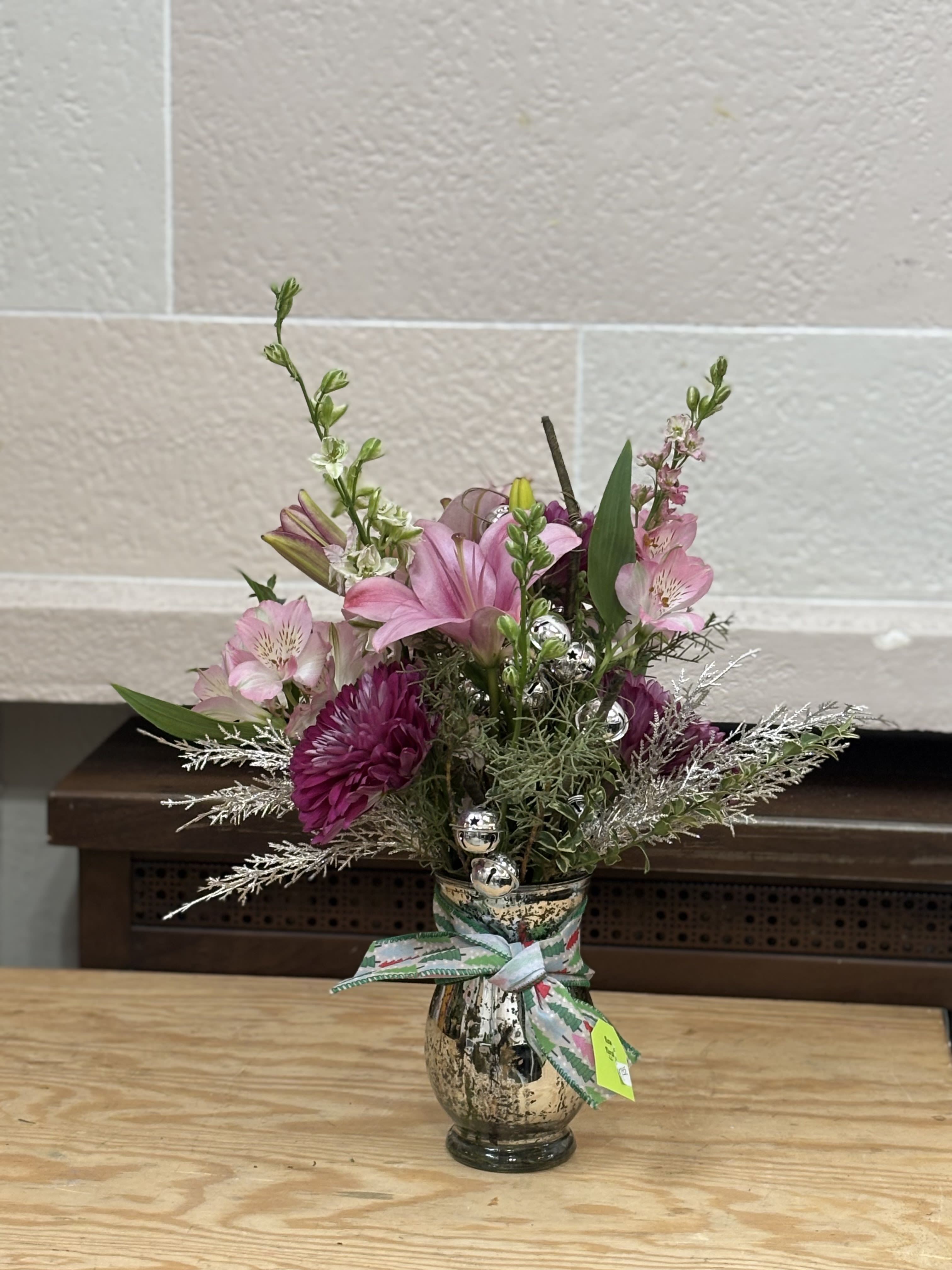 Silver Bells Vase  - A medium sized vase with jewel toned flowers and jingle bells. 