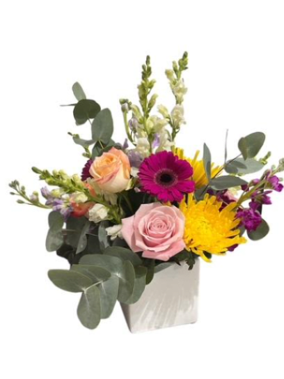 Wild Child - This arrangement combines a harmonious blend of colors and shapes, making it a feast for the eyes and a delightful addition to any space. It exudes freshness and charm. A beautiful blend of colors arranged in a white ceramic container using an assortment of snapdragons, roses, gerbera daisies, stock, and assorted eucalyptus. 