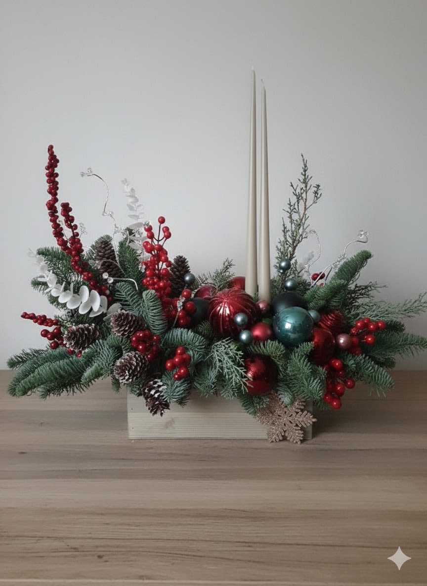 Evergreen Magic Centerpiece - Fresh flower arrangement featuring pine and seasonal ornaments. Some items may be substituted depending on availability.
