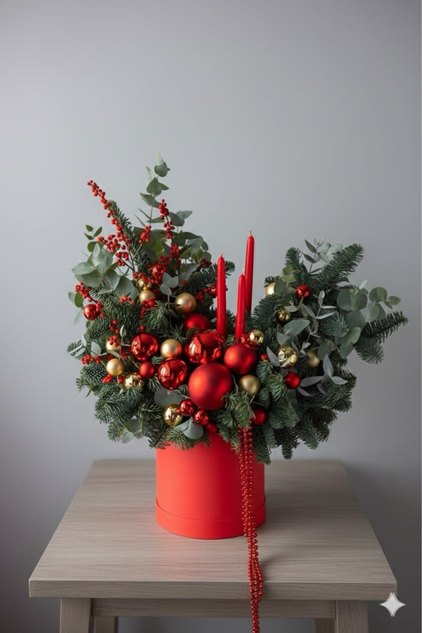 Christmas Spirit - Fresh flower arrangement featuring pine and seasonal ornaments. Some items may be substituted depending on availability.