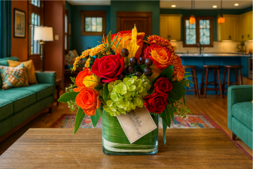 Autumn Breeze - Seasonal Fall Arrangement - Autumn Breeze – A Rustic Fall Floral Arrangement  Bring the warmth of fall into your home with Autumn Breeze, a vibrant floral arrangement that perfectly captures the beauty of the season. Bursting with rich red and orange roses, lush green hydrangeas, and seasonal accents like berries and autumn leaves, this design radiates cozy farmhouse charm.  Arranged in a modern glass vase wrapped with natural foliage, Autumn Breeze makes a stunning centerpiece for your dining table, coffee table, or entryway console. Whether you’re sending a thoughtful gift, or simply adding seasonal décor to your space, this bouquet is the ideal choice.  Hand-crafted with care in Eagle Rock, Autumn Breeze is more than just flowers—it’s a warm embrace of fall’s colors and textures. Perfect for thank-yous, or just because, this arrangement will brighten any room and every occasion.