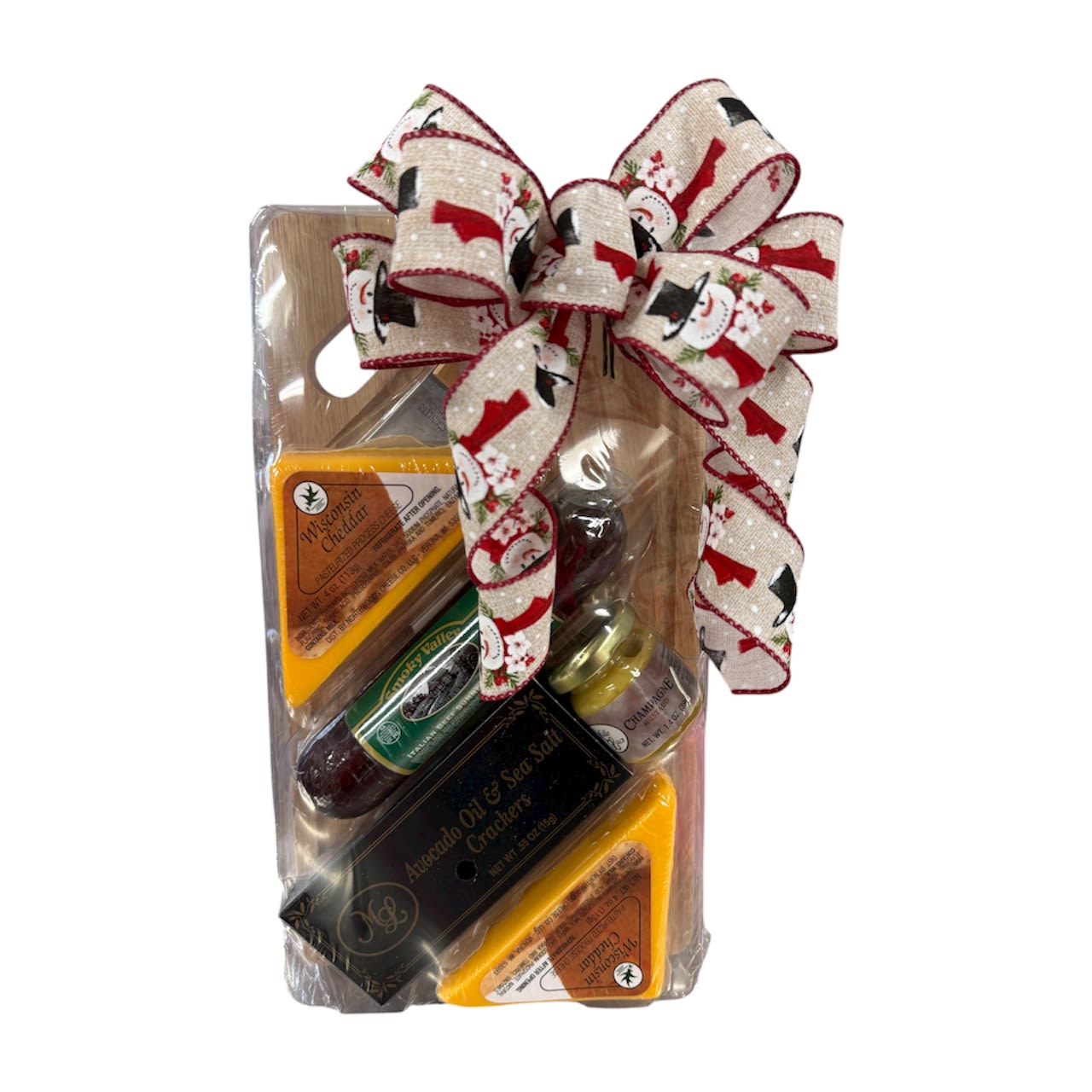 Charcuterie Gift Set - This small gourmet set consist of a wooden cutting board and knife with cheese, crackers, sausage and mustard. A great gift alone or in addition to a Holiday floral arrangement.