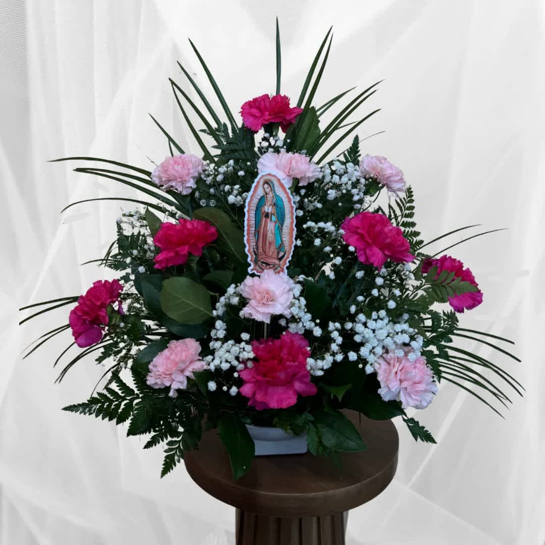 Virgin Mary Tribute- Pinks - Small one faced arrangement. 