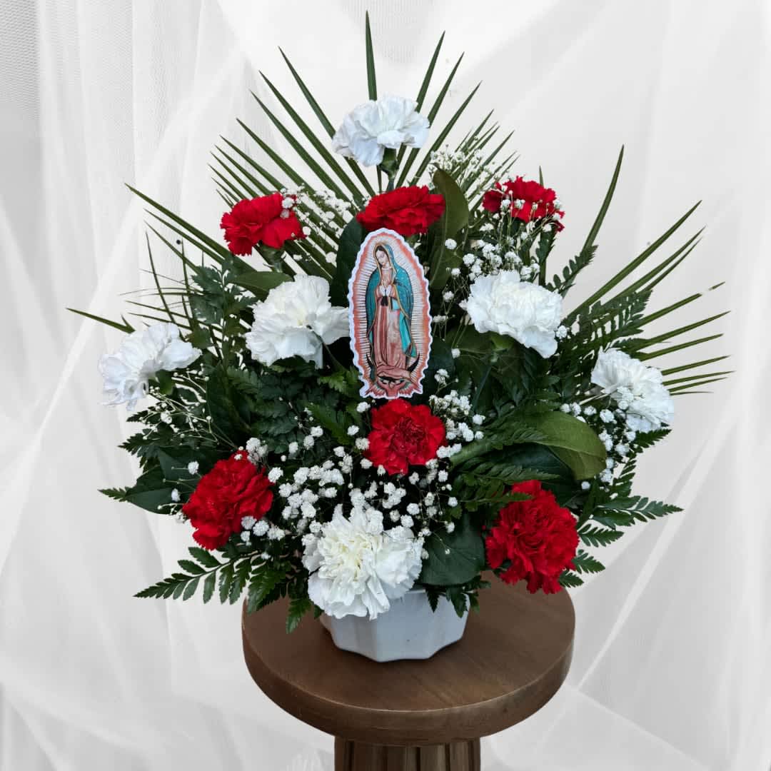 Virgin Mary Tribute - traditional - Small one faced arrangement.