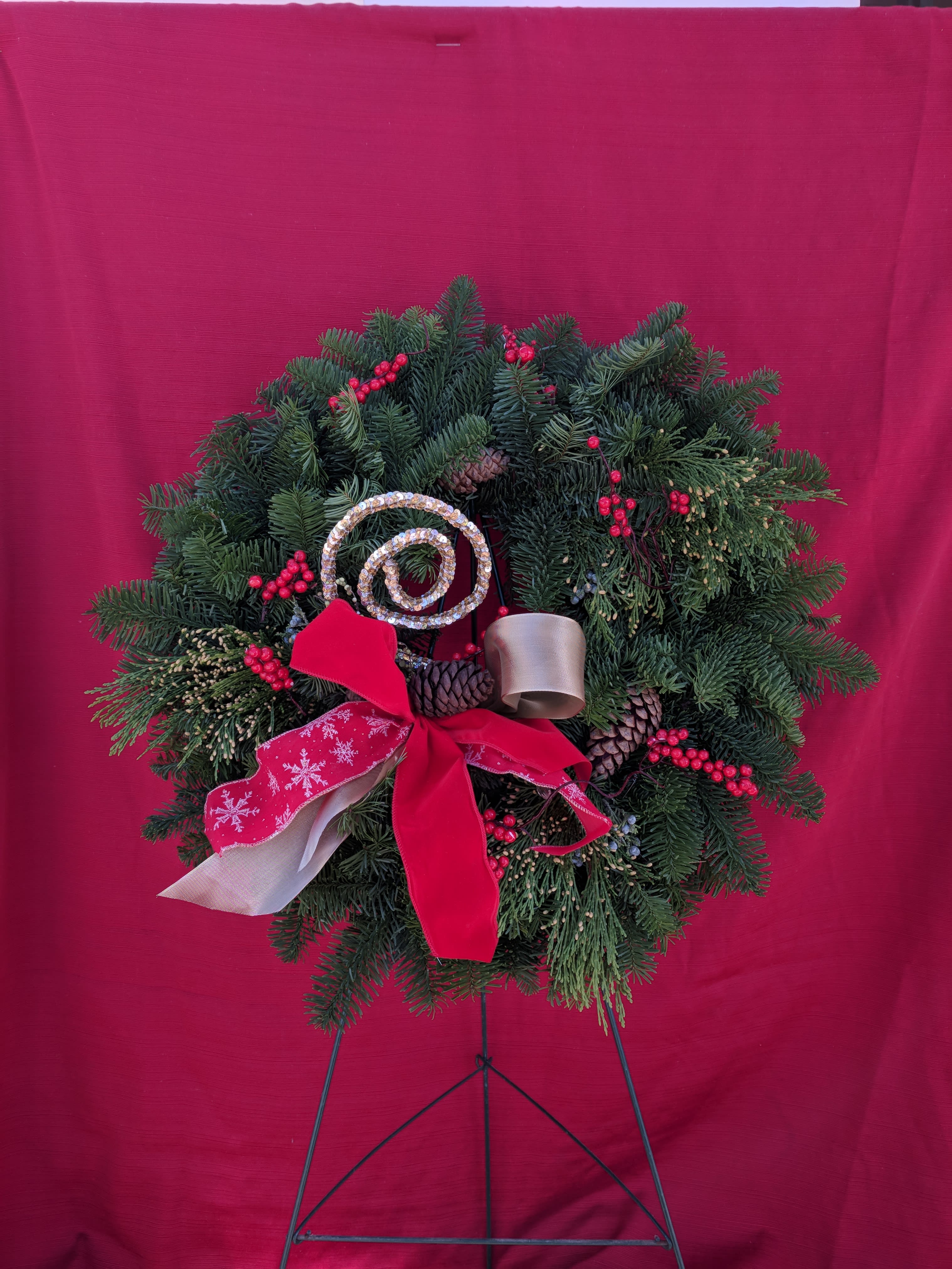 Winterfall Wreath - Beautiful fresh winter green wreath decorated with bows and holidays accents **PLEASE INDICATE WHAT COLORS YOU WANT ON YOUR ORDER**