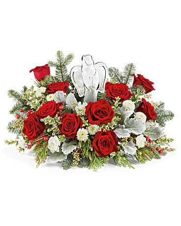 crystal angel - keepsake crystal angel nestled in a variety of fresh pine with seasonal red and white flowers