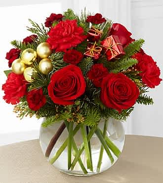 FTD Holiday Gold Bouquet - Traditional woodsy pine and crimson roses make this seasonal bouquet perfect for any occasion! gold accents will brighten the day of your loved one!