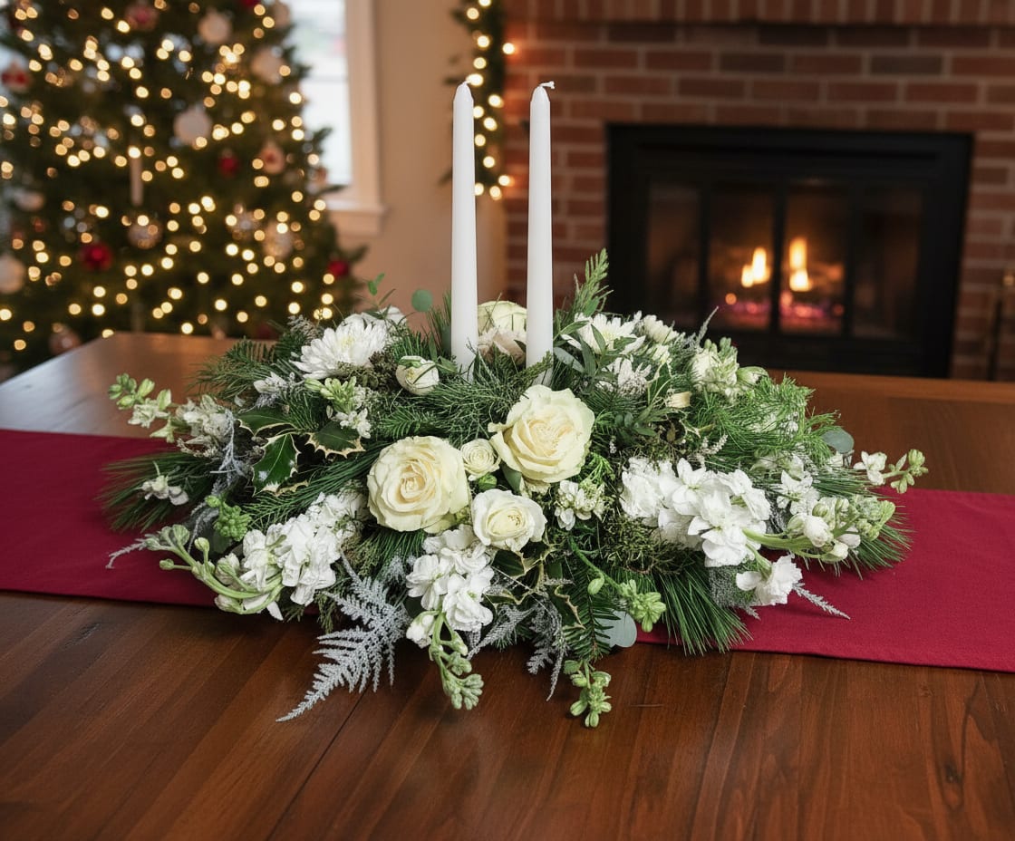 White Christmas - A generous mix of pines and firs with soft white blooms make this long lasting centerpeice the perfect gift.