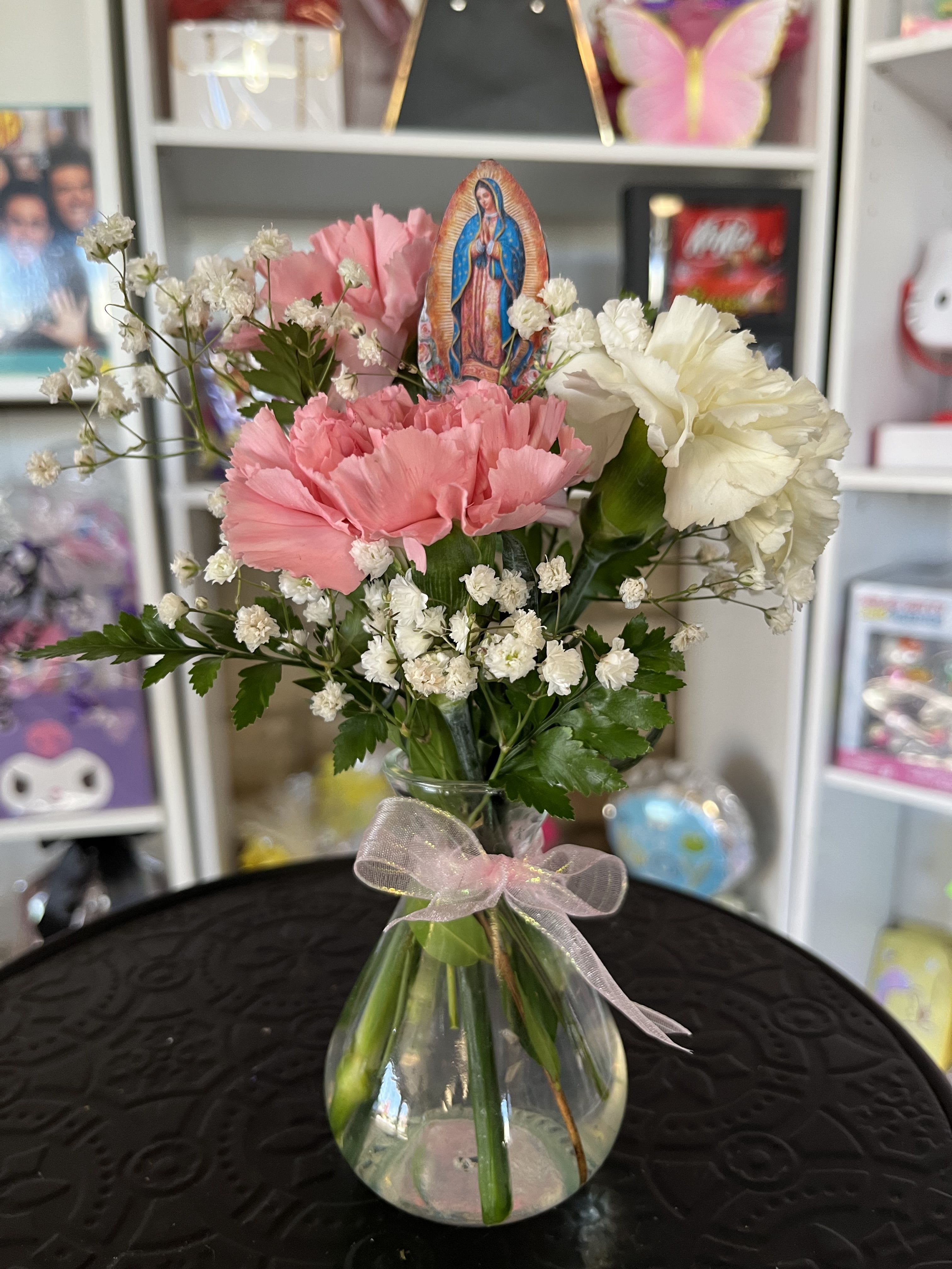 Virgin Mary Mini Bouquet  - fresh carnations and baby breath in mini vase 