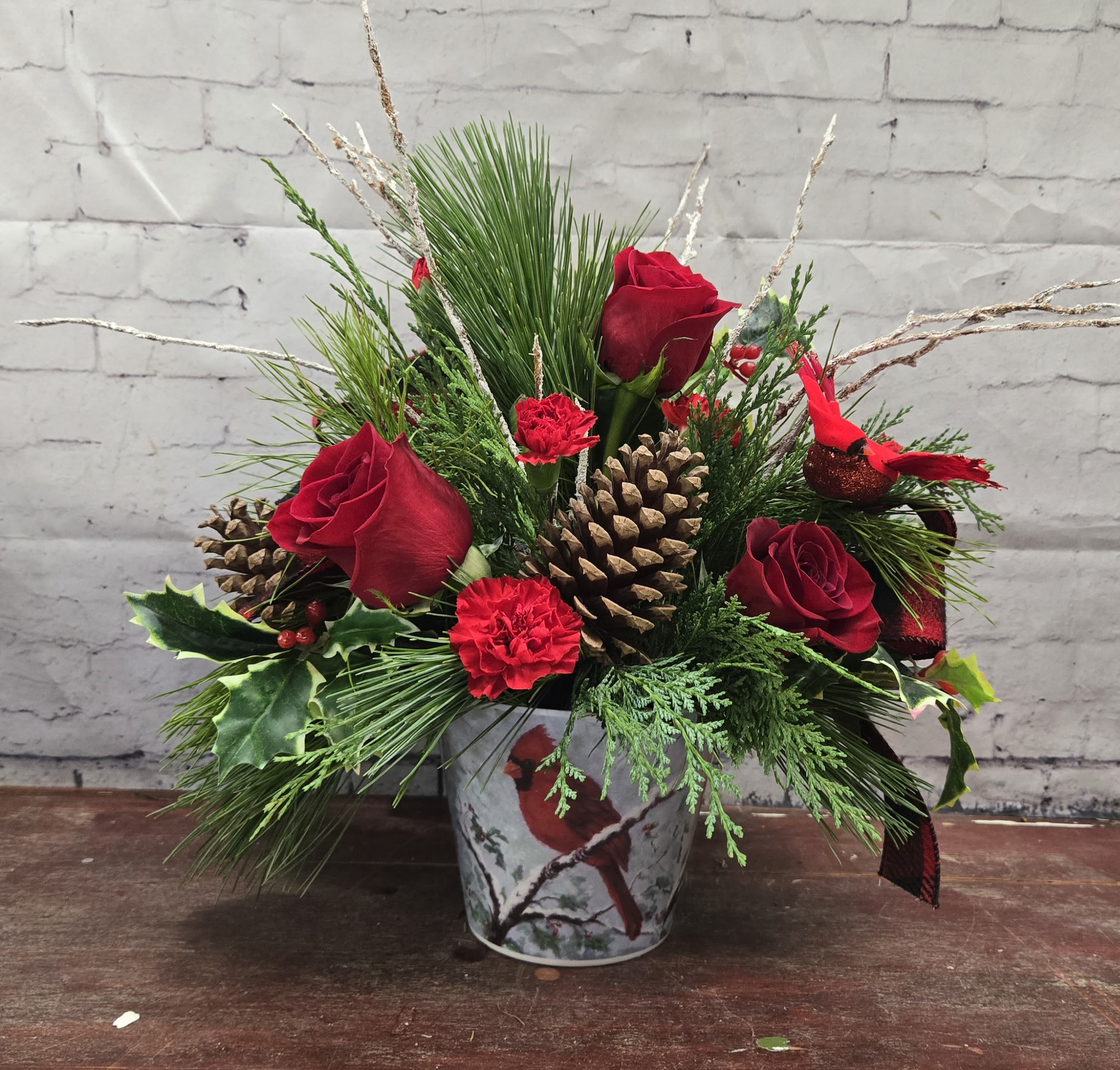 Christmas Memories - Cardinal container with red rose and evergreen.