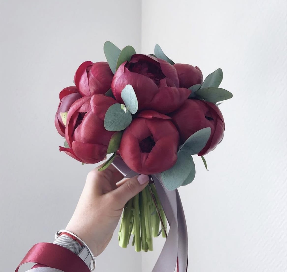 Bridal Bouquet from Peonies - Classic round bridal bouquet of burgundy peonies.  The color scheme of the bouquet can be changed according to your individual request to: white pink coral