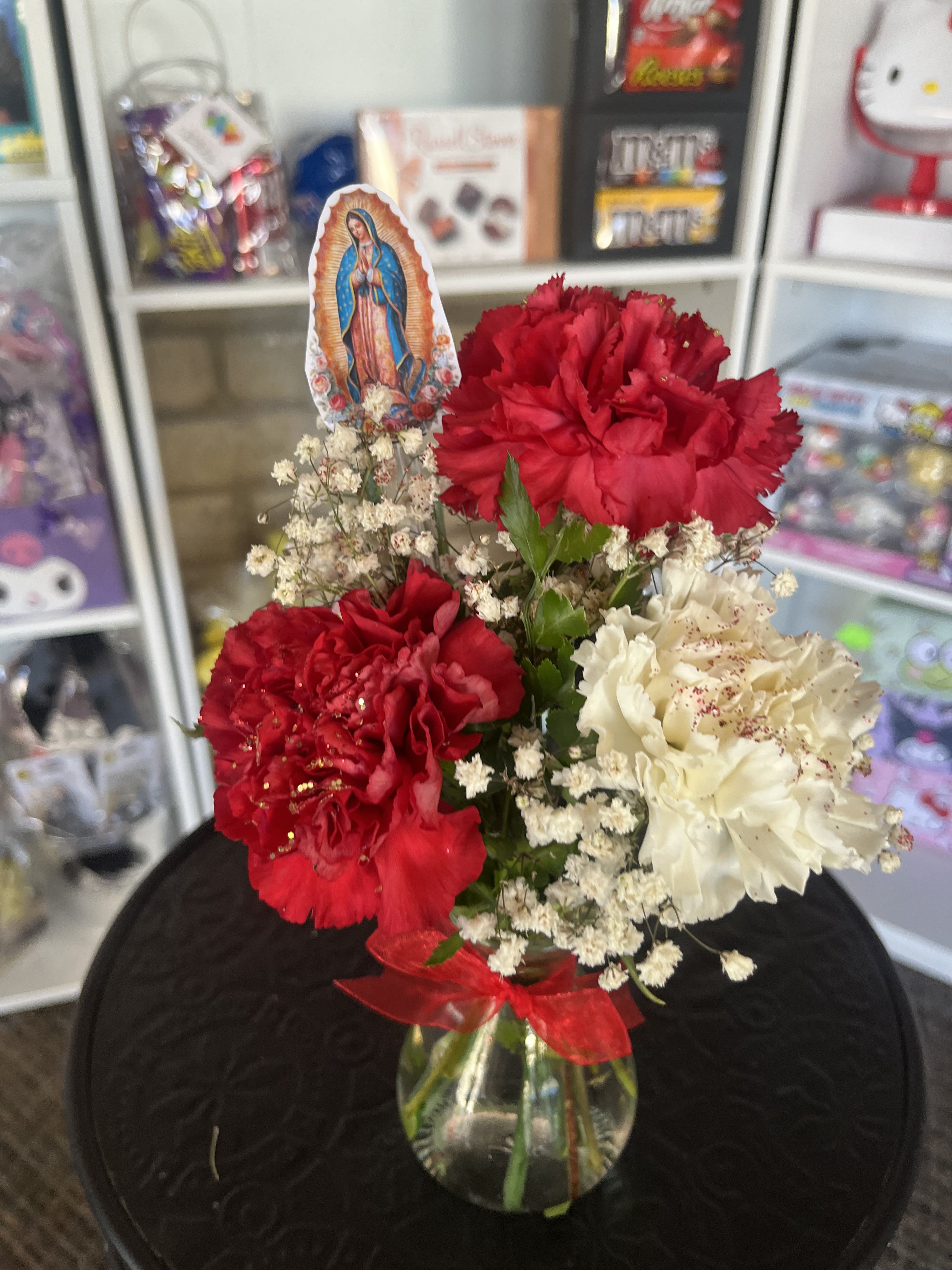 Red &amp; White Virgin Mary  - Fresh carnations place in mini bud vase 