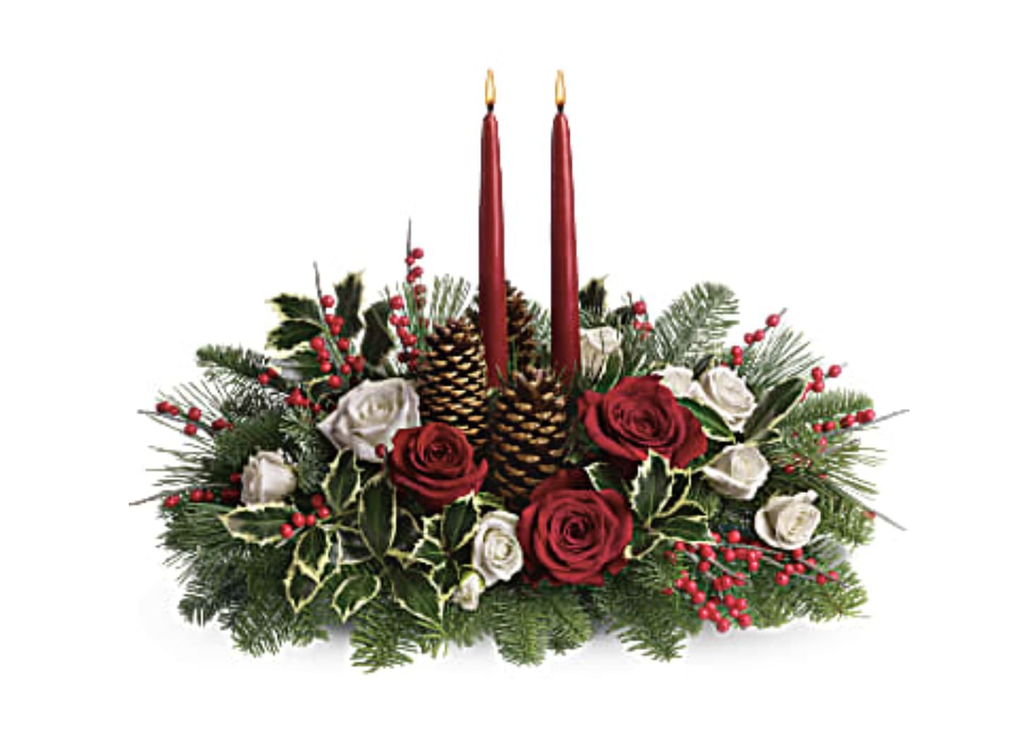 Holiday Centerpiece - Roses holly, Pine, taper candles arranged for placing center table, or entrance .