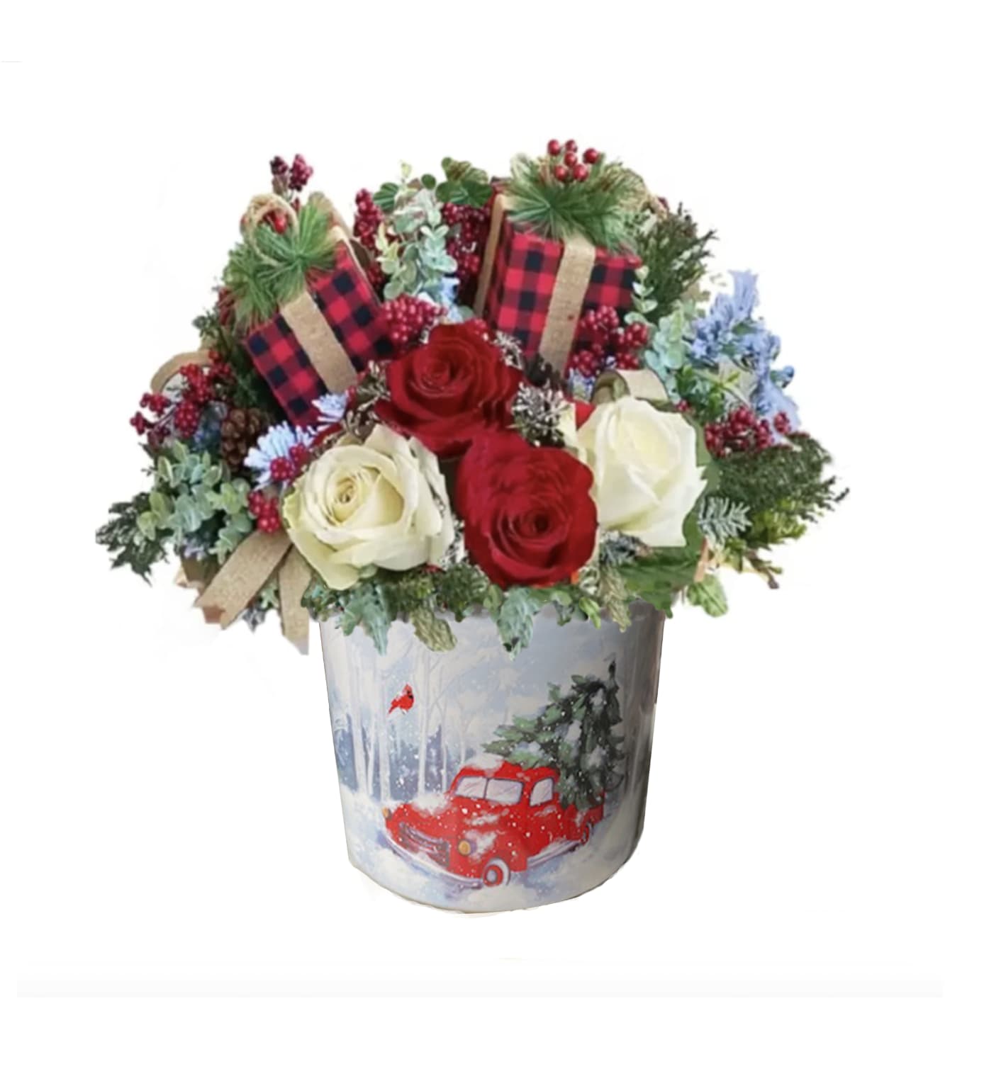 Christmas Ceramics  - Gorgeous Rustic design with roses, pine, package pics and more. Christmas scene ceramic container planter.  (planter measures 5 inches high/ 5inches in diameter. ...slightly smaller than similar truck arrangement.)