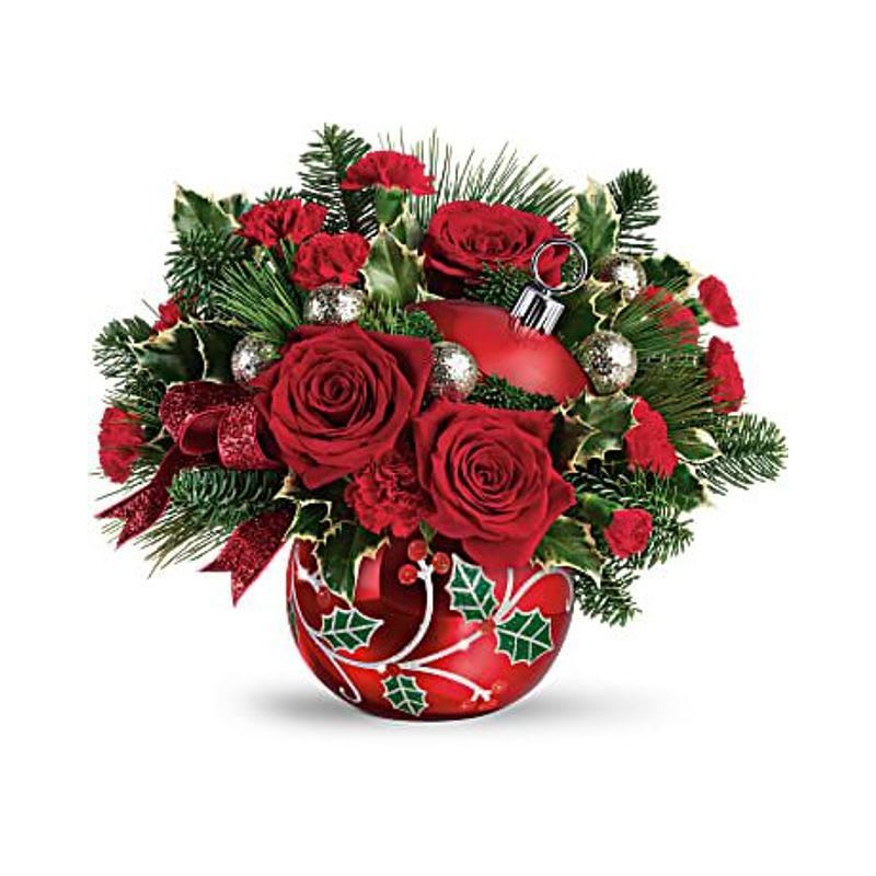 Deck the Holly Ornament Bouquet - This festive bouquet includes red roses, red miniature carnations, variegated holly, noble fir, and white pine