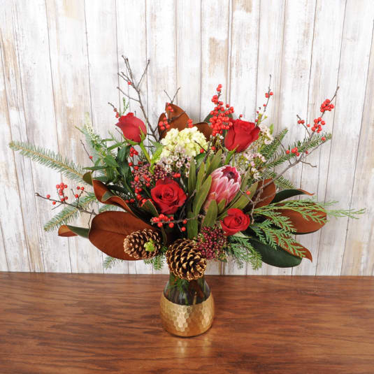 Christmas Magic - Beautiful holiday blooms in a fancy golden dipped vase!