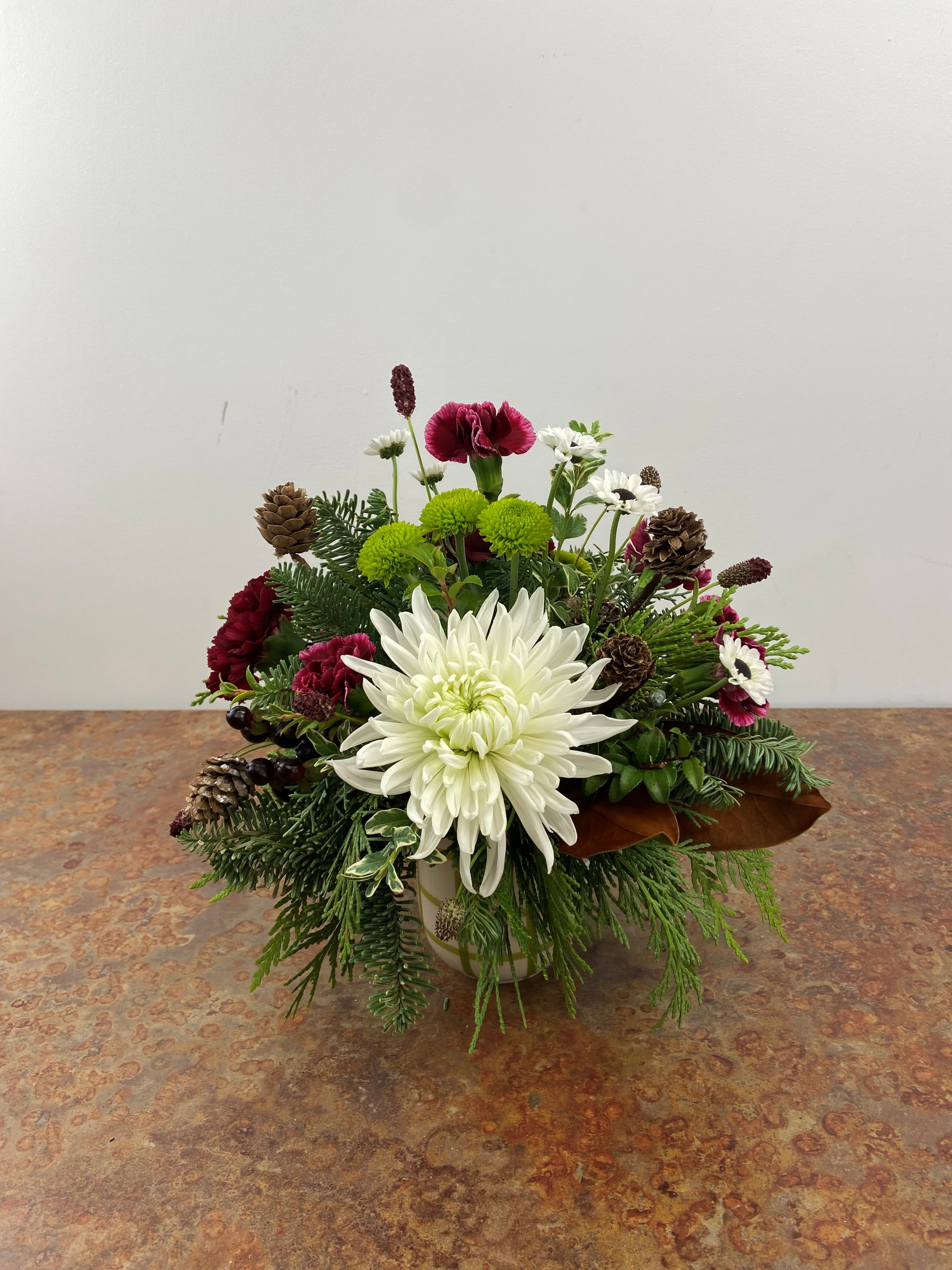 Holiday Hugs in a Mug - Fresh Evergreen arrangement in a red or green plaid mug! Perfect way to send someone a hug!