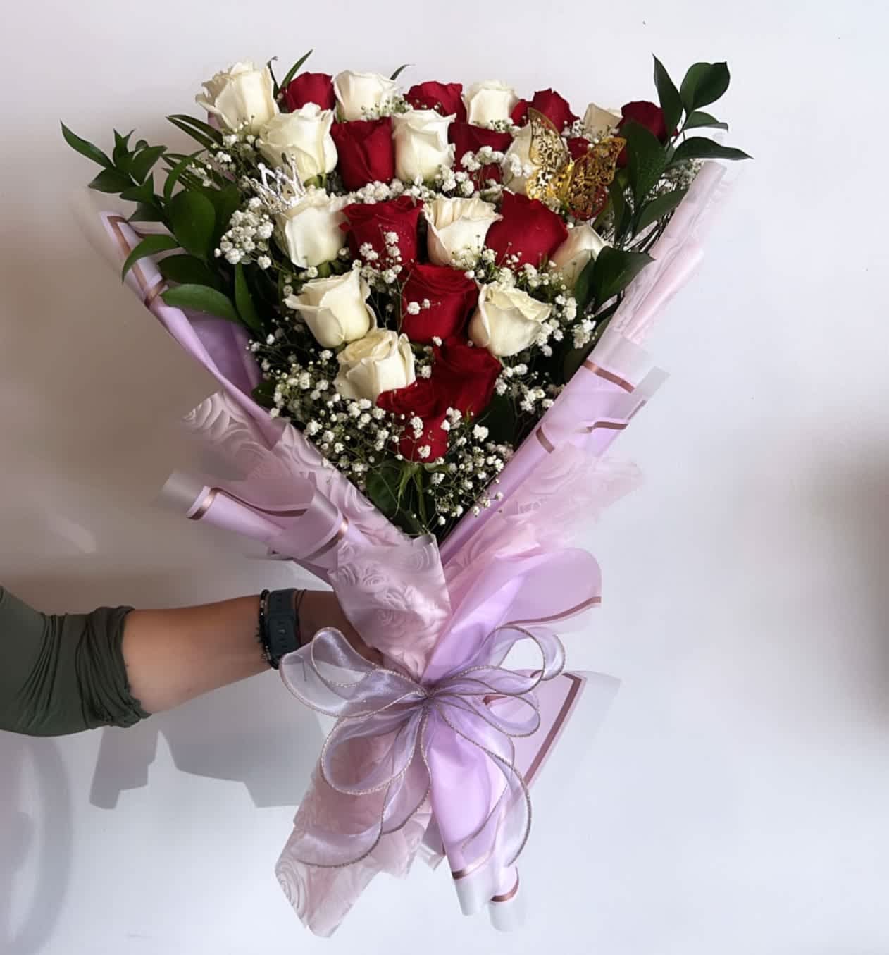 Red &amp; White &amp; All Things Nice Bouquet - 25 Layed down roses, red &amp; white mixed, wrapping paper may be different we have so many to choose from!! add a special instruction of which paper color you'd like! 