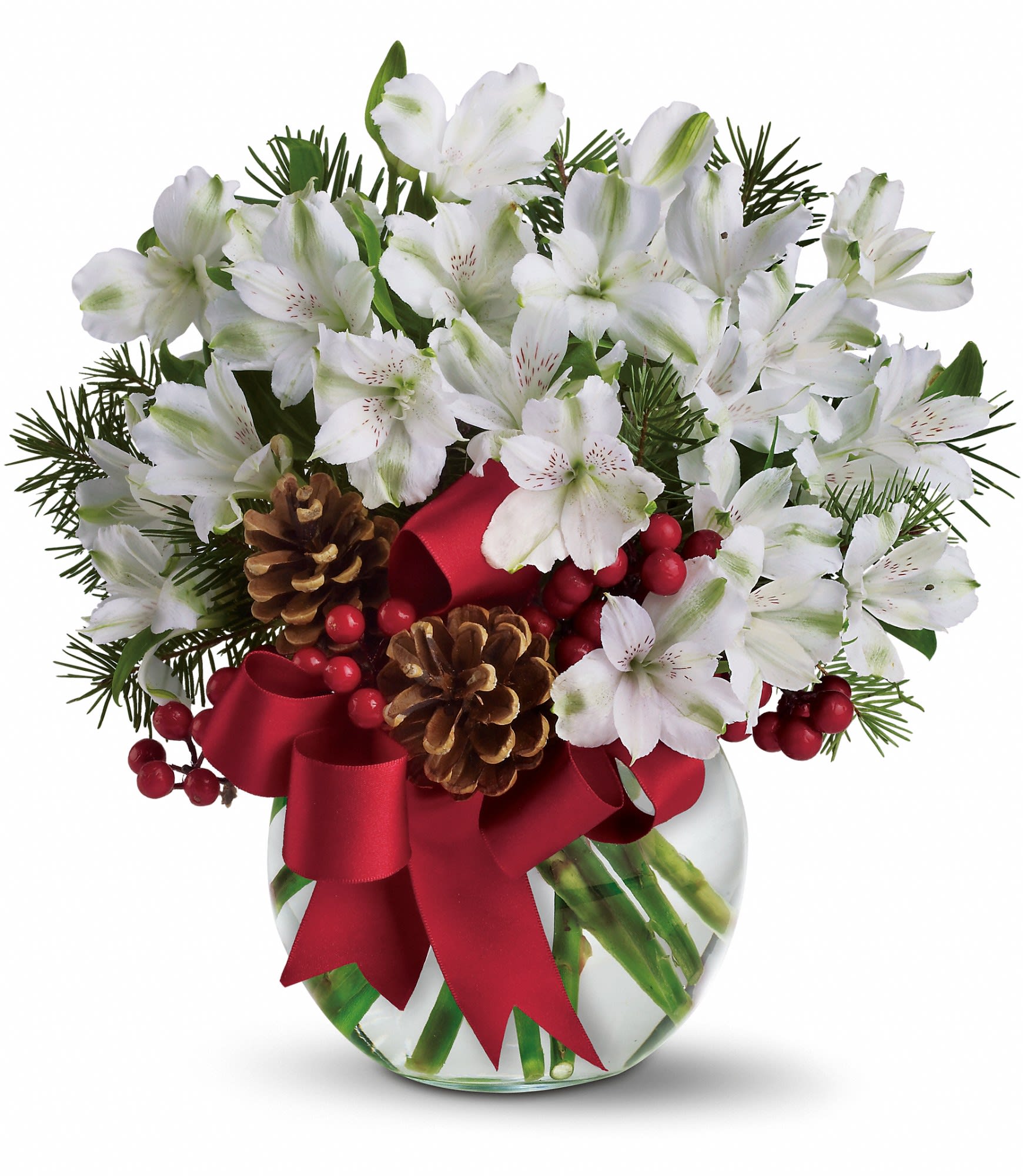 [T128-1A]:  Let It Snow - White alstroemeria, berries, pinecones and Douglas fir accents in a clear glass bowl. Tied with a bright red satin ribbon, it's truly charming. Approximately 12" W x 12" H. T128-1A