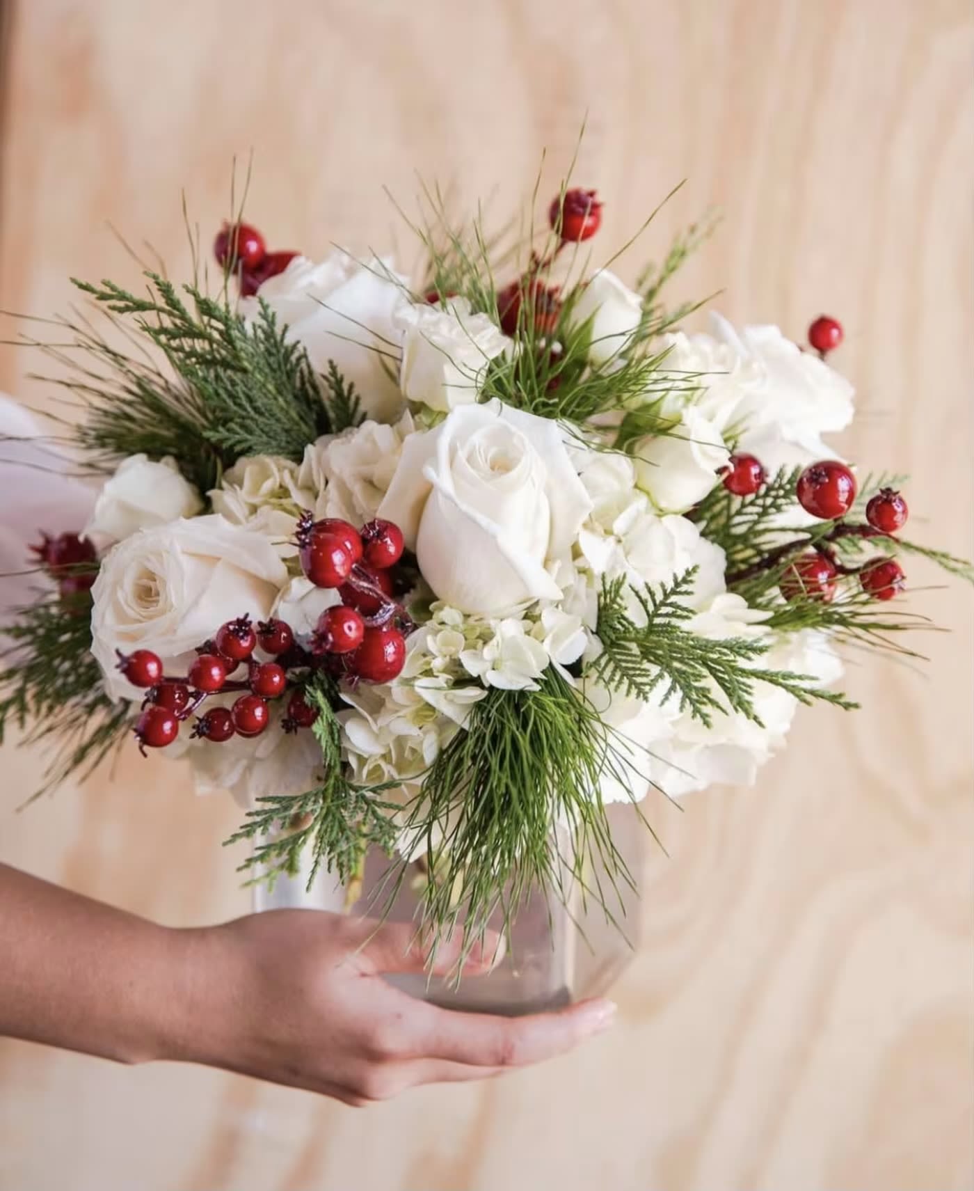 Elegant white and red holiday arrangement - Standard- Your order will be arranged approximately as shown on our website. 