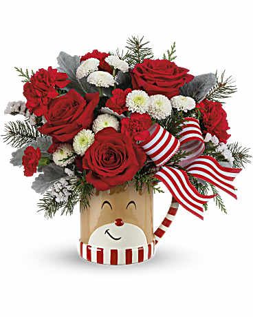 Oh Dear Mug - This cute oversized festive reindeer mug is filled with joyful seasonal flowers and greens!