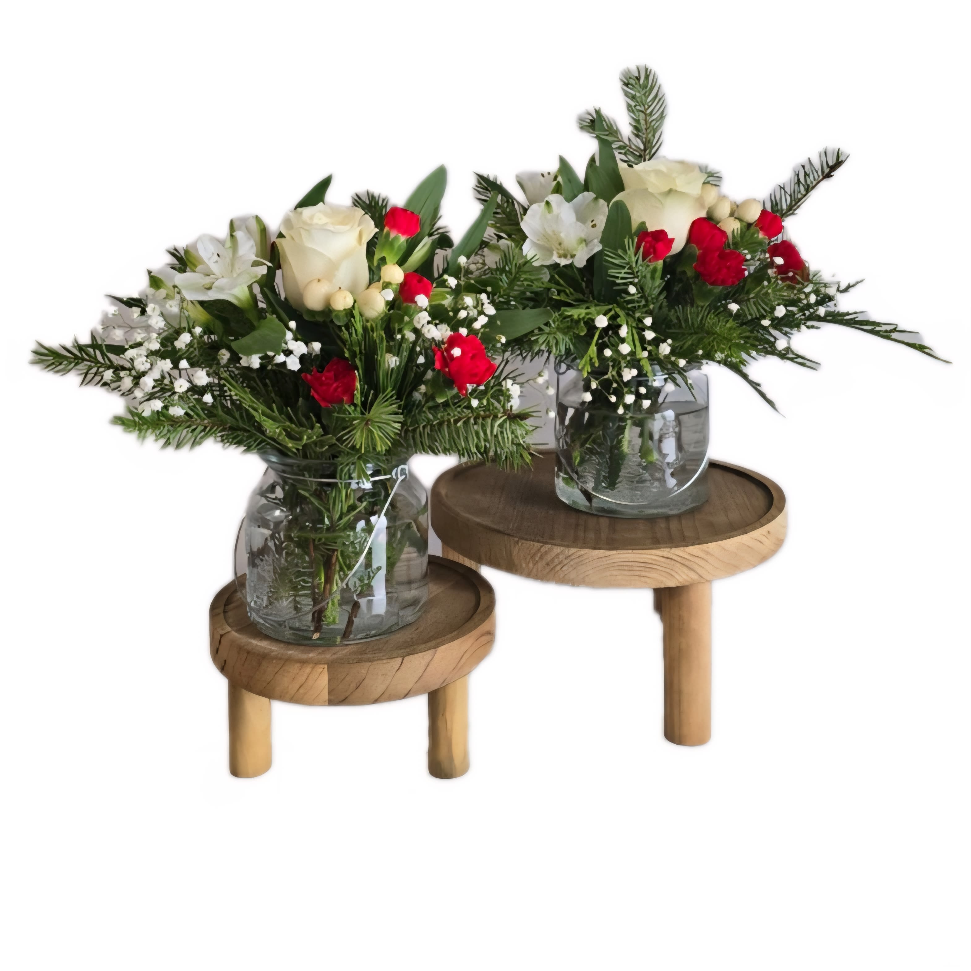 Christmas Centerpiece Set (2)  - These adorable &amp; charming Christmas centerpieces are sure to add a bit of holiday cheer to any table scape. They are available in sets of two (2). Traditional Christmas colored blooms in red, white &amp; green. Arranged in Holiday themed glass mason jar style vase with a handle. These will add just the right touch to any holiday party, either home or office.  * Stand is not included.   Measures 9" tall &amp; 8" wide Orientation: All around