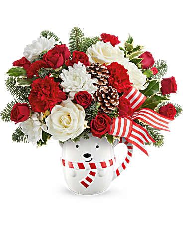 Teleflora's Send a Hug Cozy Cub Bouquet - Send warm holiday hugs with Teleflora's Send a Hug® Cozy Cub Wish Bouquet! Festive red blooms and fresh greens arrive in Teleflora's adorable bear mug-perfect for Christmas cheer and cozy winter gifting. Teleflora's Send a Hug® Cozy Cub Wish Bouquet includes red spray roses, red carnations, red miniature carnations, and white cushion spray chrysanthemums. Accented with noble fir and variegated holly in Teleflora's Send a Hug® Cozy Cub Wish Mug. **Substitutions may occur based on stock at the time of purchase.** Orientation: All-Around
