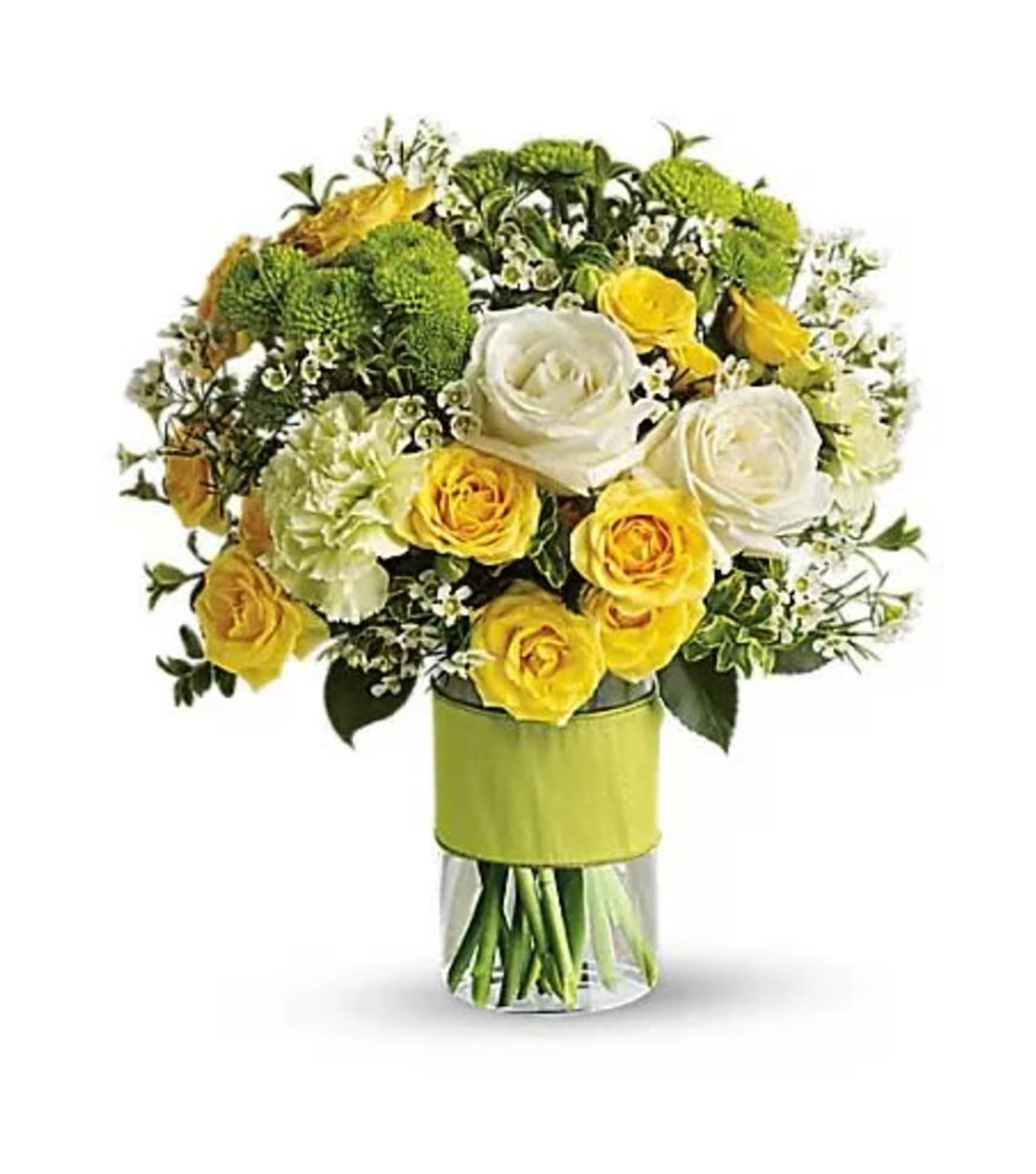 Your Sweet Smile - You could call or email that special someone, but why not put your feelings into flowers? She'll love this elegant array of white and yellow roses and other favorites in a stylish cylinder vase. She'll want to thank you in person. This charming bouquet includes white roses, yellow spray roses, green carnations, green button spray chrysanthemums and white waxflower accented with assorted greenery. Delivered in a glass cylinder vase.