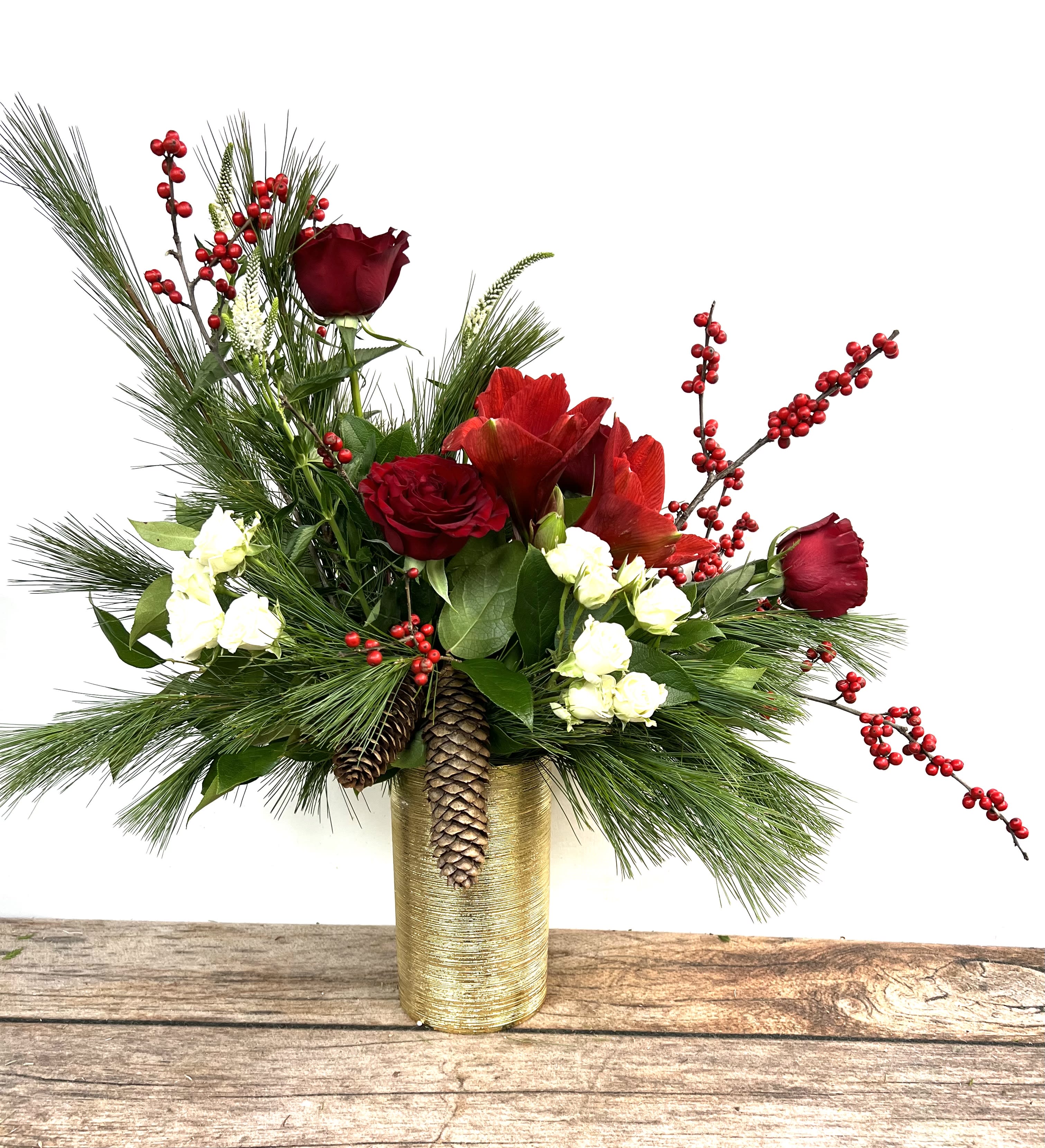 Festive - A statement piece! Seasonal reds and whites in a beautiful gold vase. Asymmetric design perfect for a foyer table or console piece. Approx 24&quot; x 24&quot; 