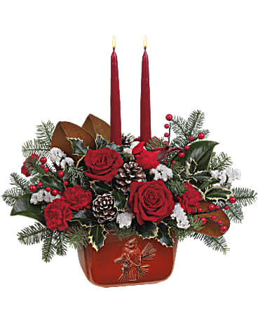 Christmas Classic Centerpiece by Teleflora  - Make this holiday one to remember with this special delivery of classic Christmas roses in a hand-painted serving dish centerpiece that's food safe and decorated with a vintage-inspired cardinal design.