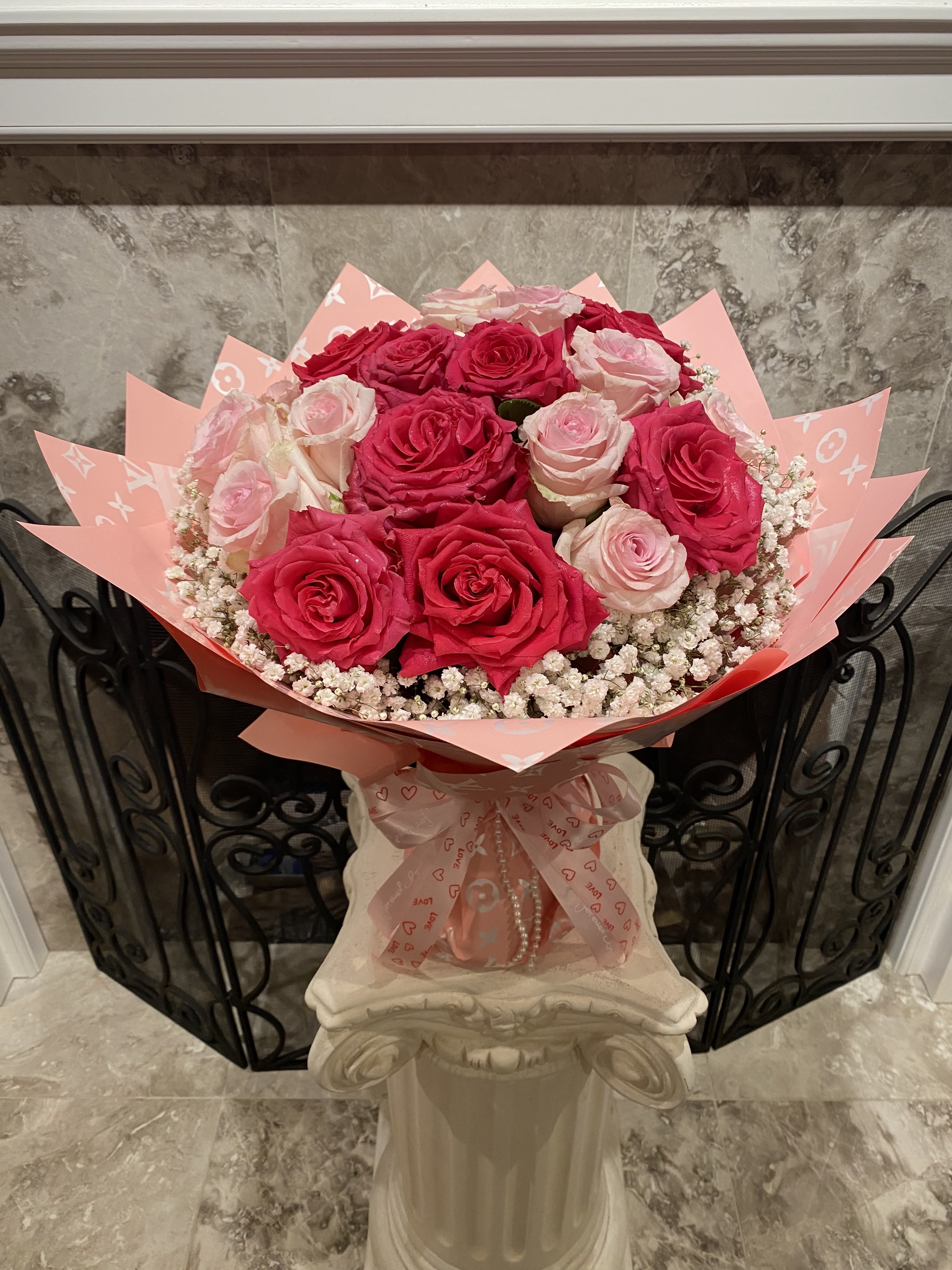 Special Sales: Pink For Her  - Hot Pink &amp; Light Pink Total 24 Stems Fresh Cut Roses With Baby Breath Wrapping Designer Paper. The Designer Paper's Pattern may Be Different Depend On Available.