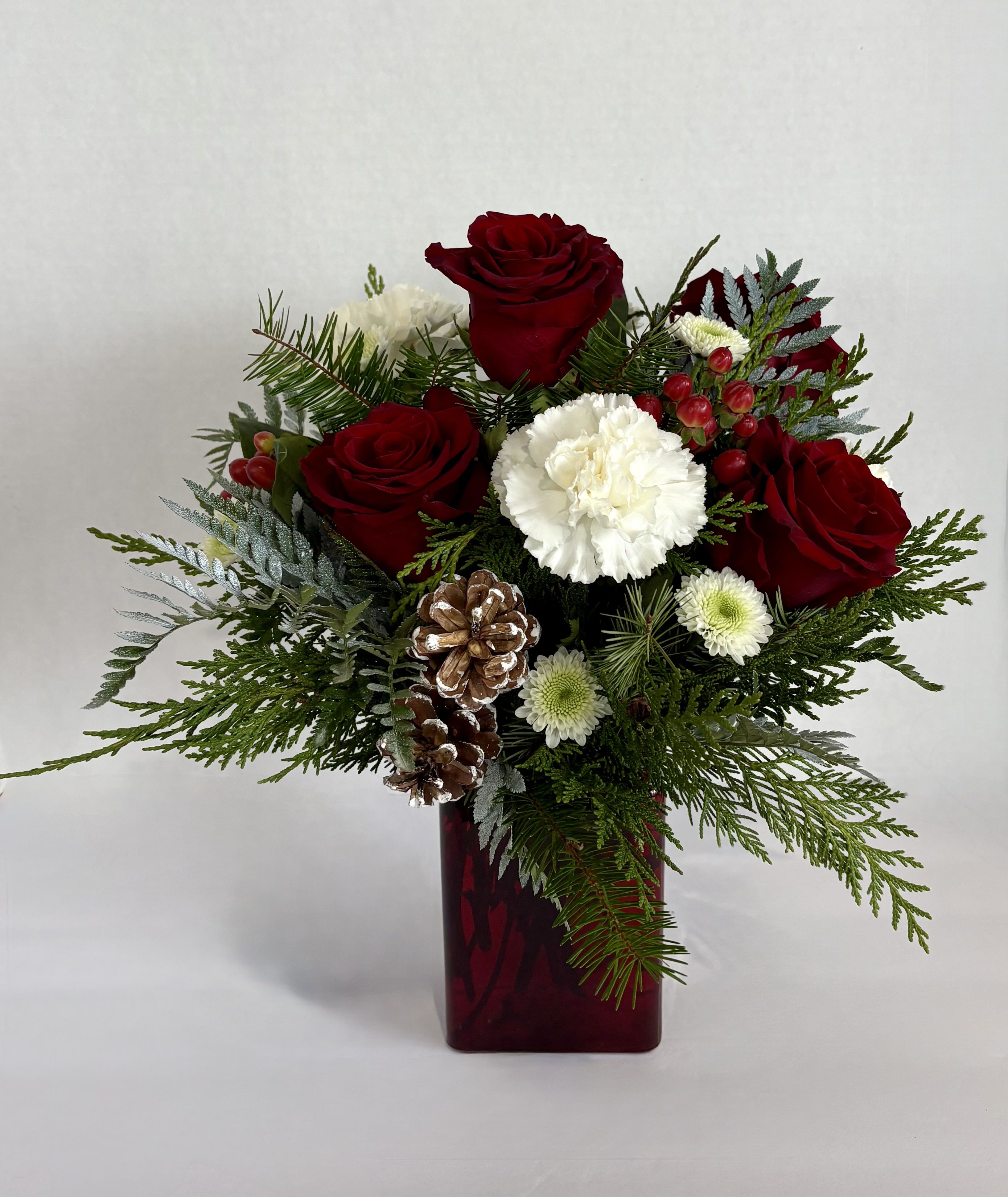 Frosty Magic - It's that magical time of year! Spread the cheer with this magical red rose bouquet  