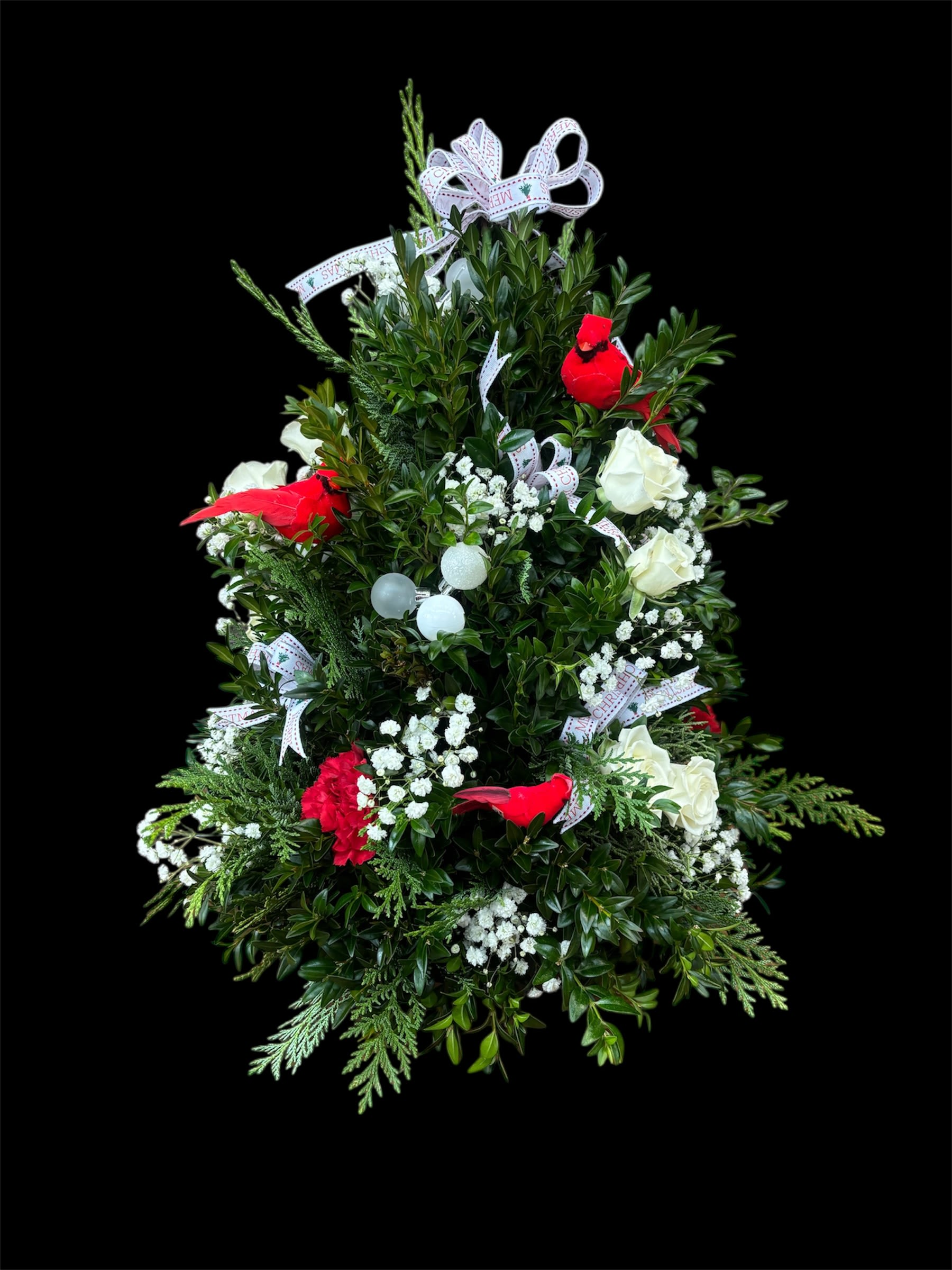 Cardinals Christmas Tree - Beautiful Christmas arrangement, implement white rouses, Baby's breath, red artificial cardinals, Small white berries, white ribbon bows and greenery. 