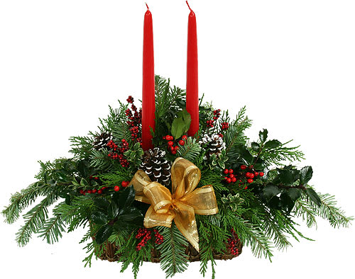 Holiday Basket of Greens - 2 Red tapers in a basket. Red, Green and gold colors. Winter Greens, Berries and Cones