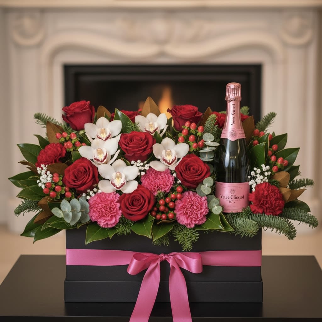 Pink Prestige By Black Cat Florist - Elevate any occasion to an unforgettable celebration with this breathtakingly luxurious floral and champagne gift box. A magnificent bottle of Rose Veuve Clicquot champagne is elegantly nestled amidst a lush, textural display of premium blooms and exquisite winter greens.   This opulent arrangement features red Roses, pristine White Cymbidium Orchids, vibrant pink Carnations, delicate White Wax Flowers, and festive Red Hypericum Berries. Accents of fresh Pine Branches and glossy Magnolia Leaves create a rich, sophisticated tapestry, making it the ultimate gift for expressing grand gestures of love, appreciation, or festive cheer.  *Customer needs to provide the bottle 