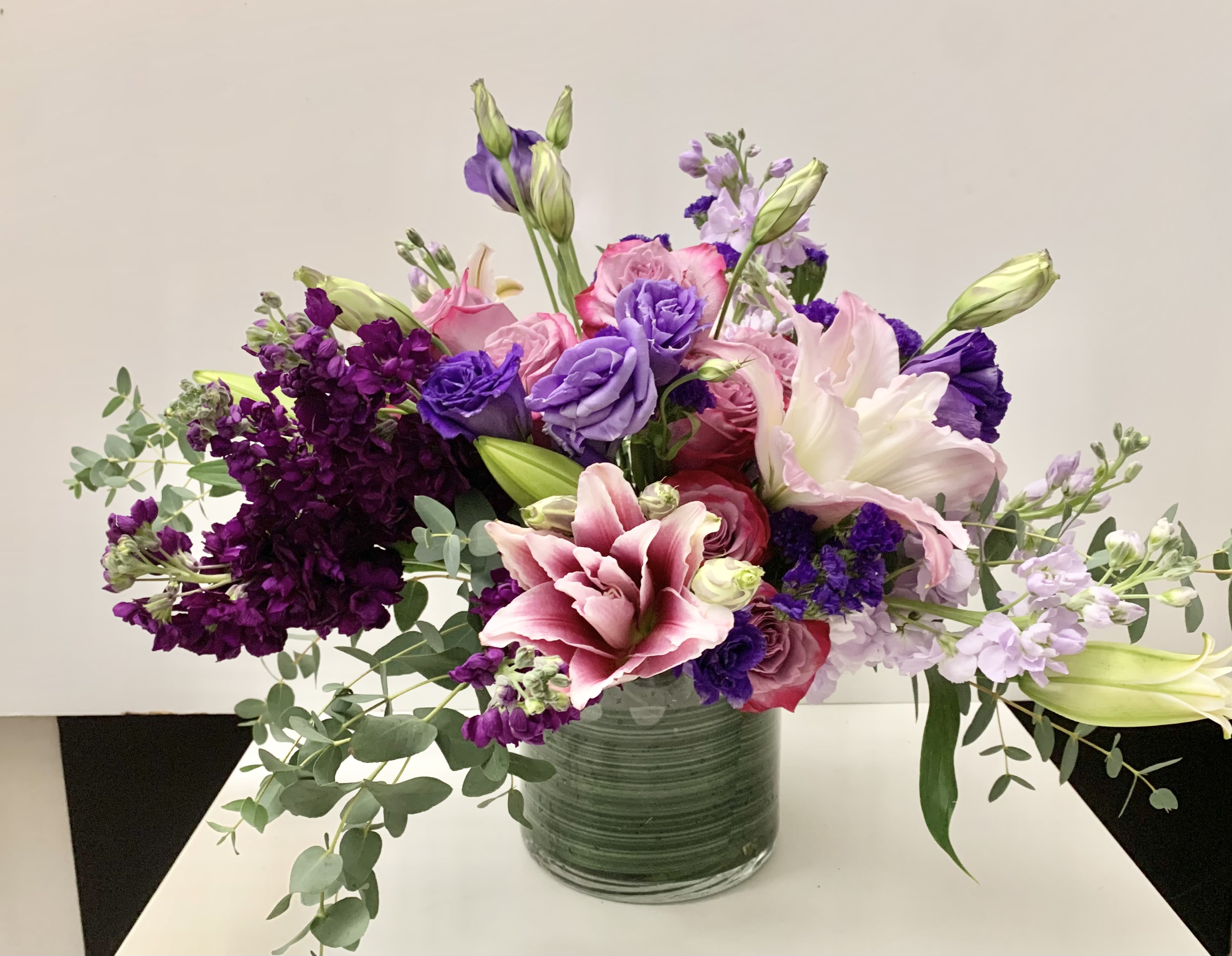 Fresh One - Iilies , Roses, Stock , green in 6”x 6” glass vase 