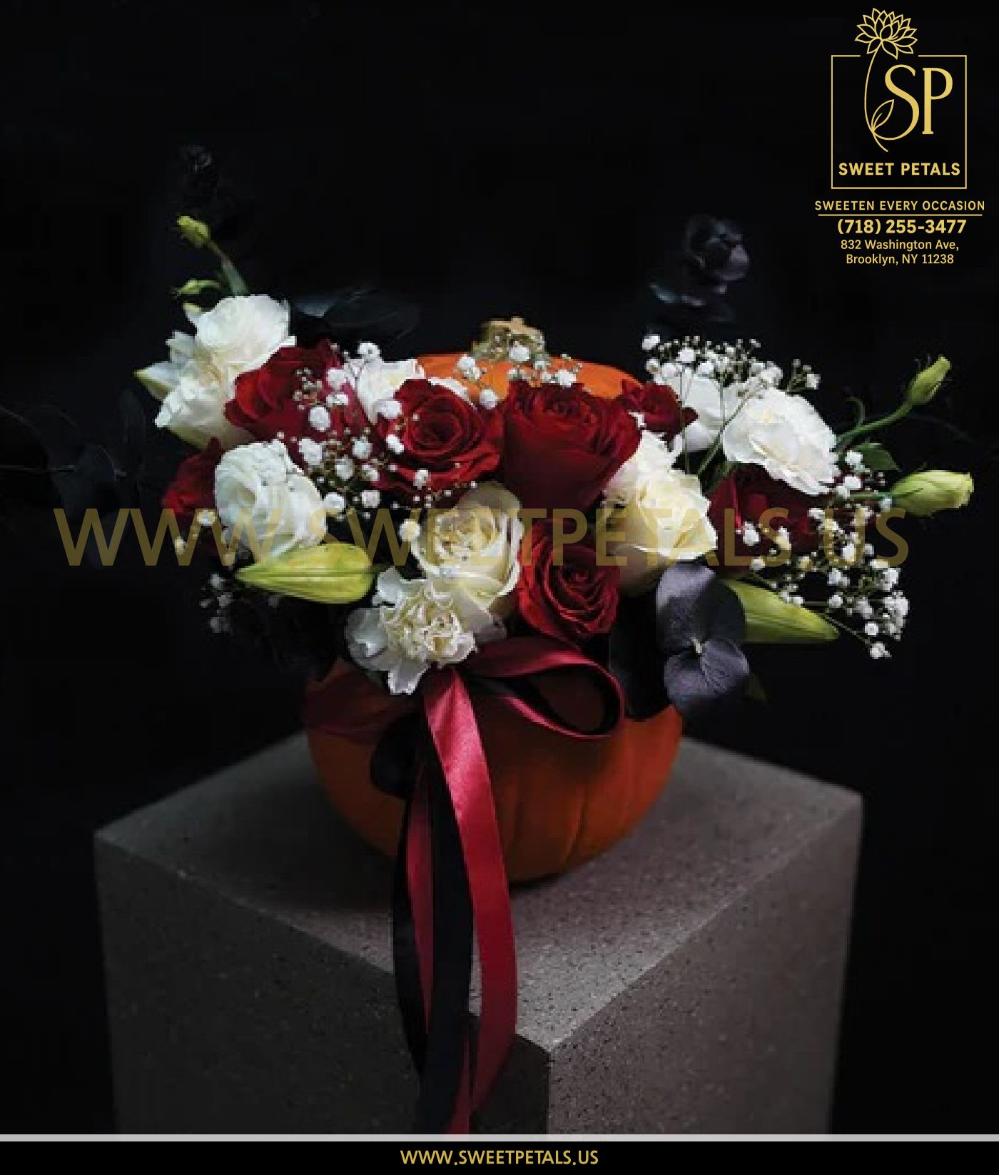 Autumn Romance Pumpkin Arrangement by SweetPetals - The Autumn Romance Pumpkin Arrangement by SweetPetals is an enchanting blend of elegance and harvest warmth. Nestled in a real pumpkin vase, this luxurious floral design features rich red roses, creamy white blooms, baby’s breath, and soft greenery — tied together with a romantic satin ribbon.  Each flower in bouquet is handpicked by expert SweetPetals florists for its freshness, texture, and beauty. The contrast of deep red and pure white blooms against the rustic pumpkin base creates a look that is both modern and timeless — perfect for Thanksgiving, Halloween gatherings, autumn weddings, or fall home décor.  The Autumn Romance Pumpkin Arrangement by SweetPetals makes a statement wherever it’s placed — from a cozy dining table to an elegant event centerpiece. It embodies fall’s natural beauty while adding a touch of romance and refinement to the season.   SweetPetals – Sweeten Every Occasion