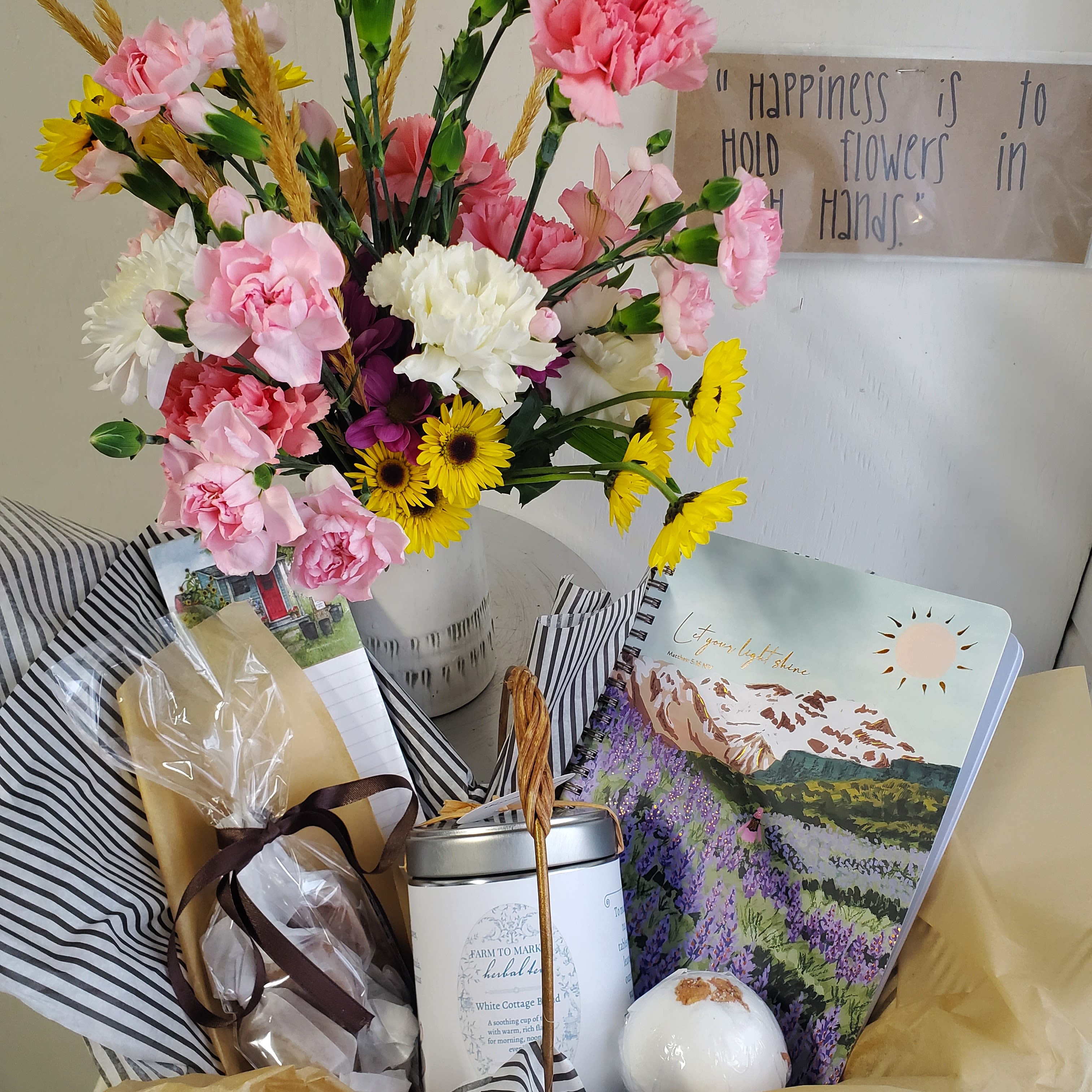 Drink &amp; Create Basket - A little something to brighten somebody's day! Some delicious salted caramels, herbal tea, notepad, a writing journal, bath bomb, and a fresh flower bouquet( growers choice). 