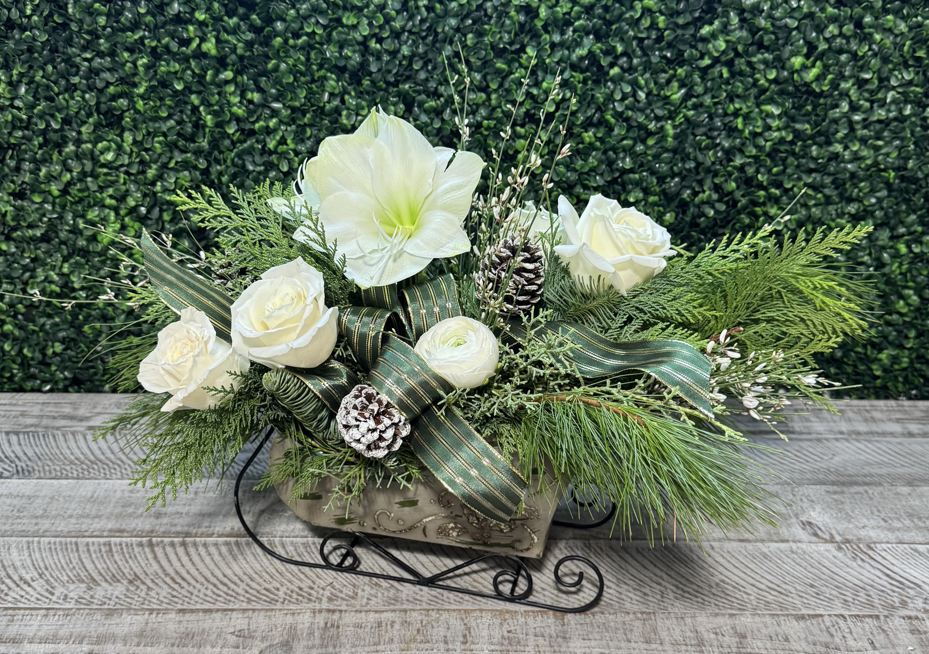 Sleigh Ride - This beautiful all white tin sleigh arrangement has all the holiday trimmings. The flowers are amaryllis, roses, ranunculus, tulips (backside of the arrangement) and ginestra. 