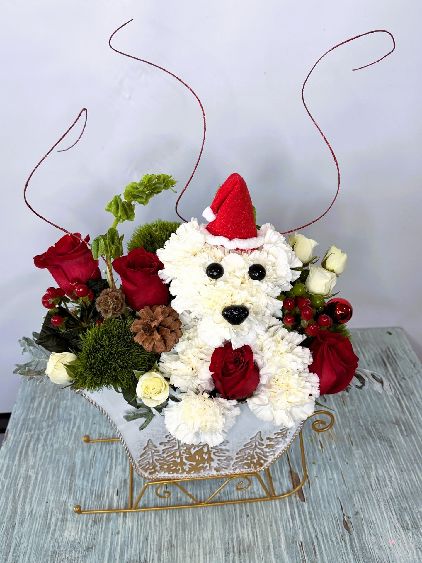 Christmas #12 - Festive holiday arrangement with a puppy designed out of white carnations in a white metal container in the shape of a sleigh with red accents.
