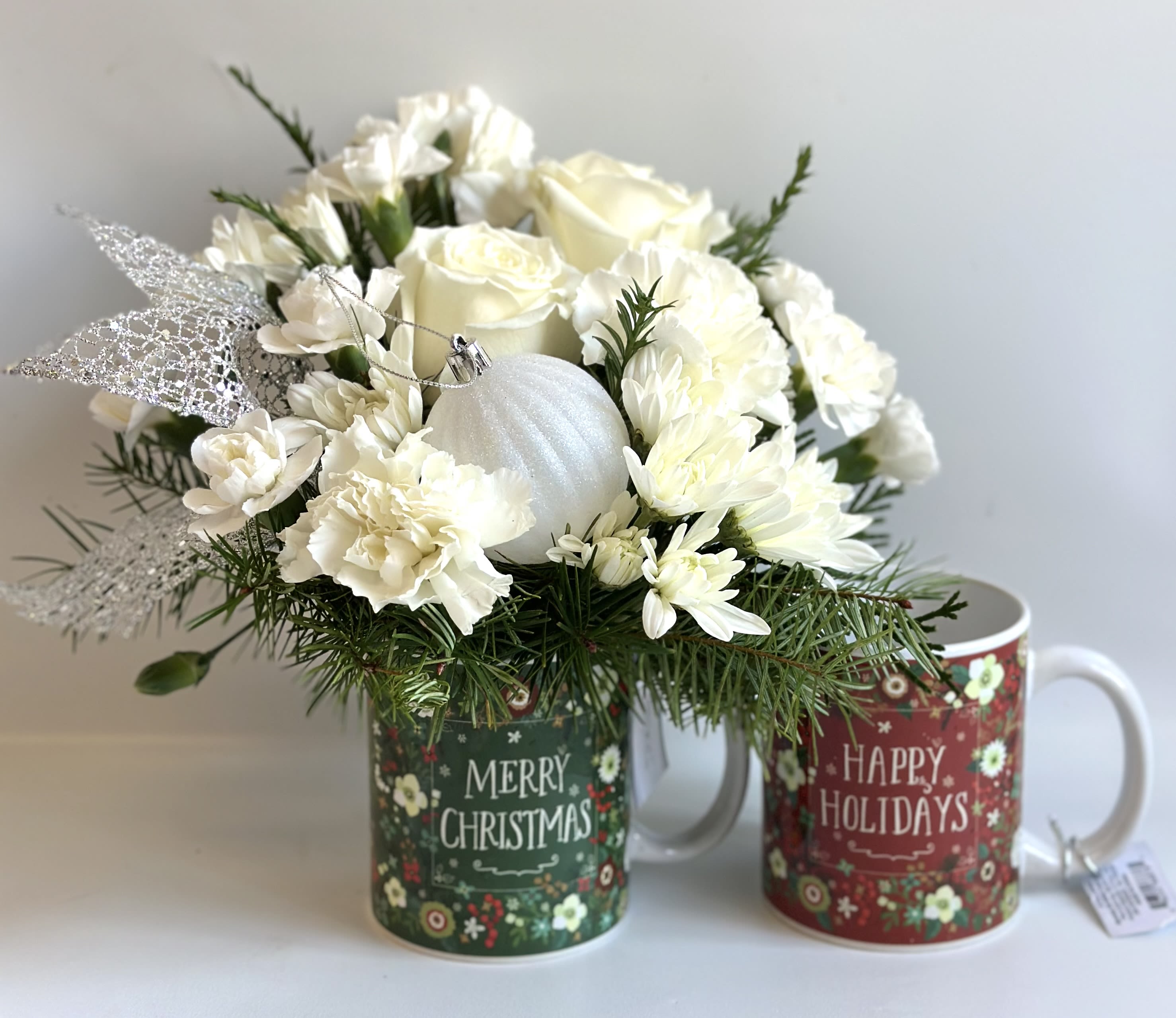 Winter Warmth Christmas Mug by Barb’s Flowers - Perfect little keepsake a cup full of flowers. Done in all white. 