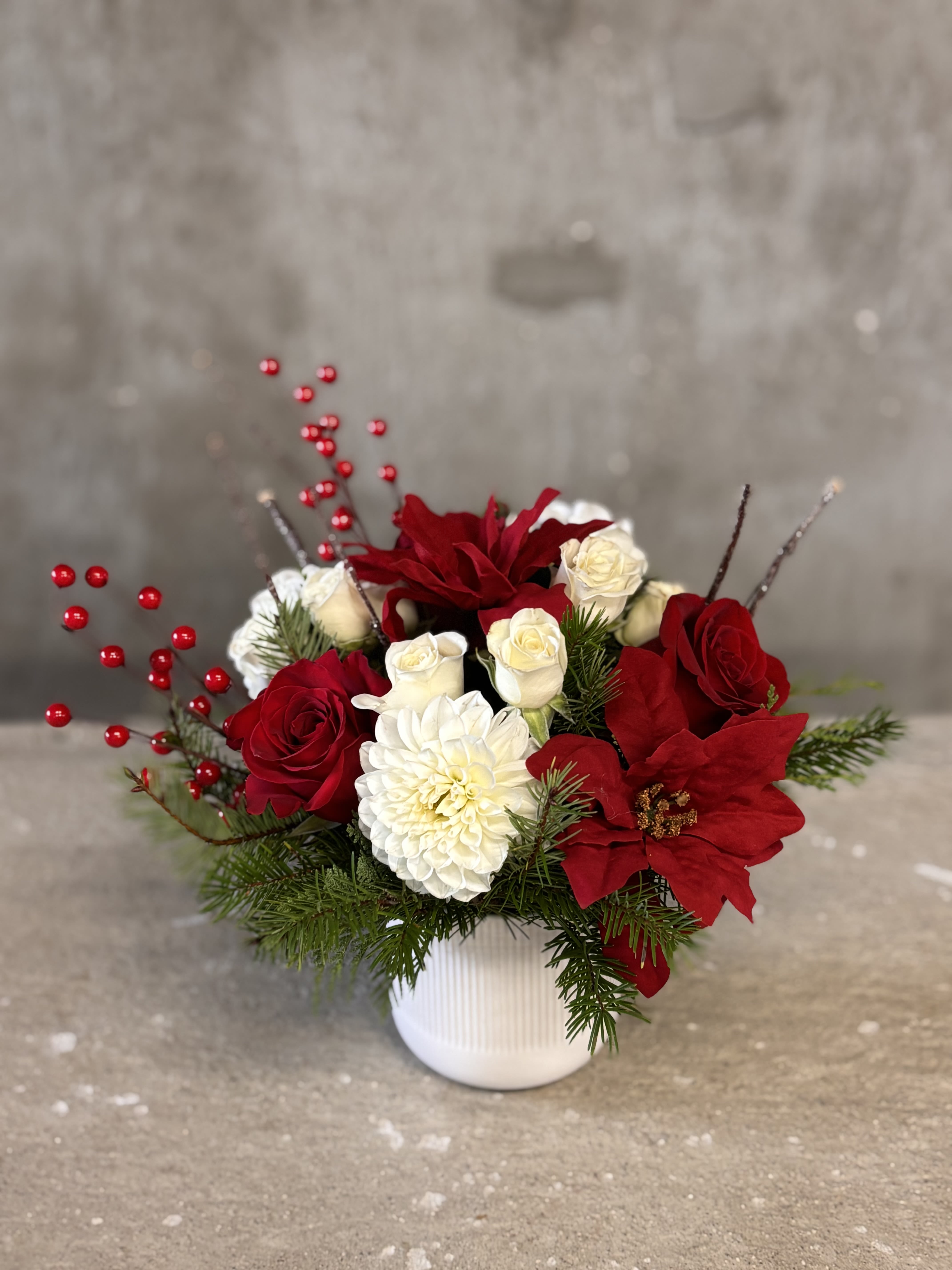 Greetings from the North Pole - Beautiful mix of holly, roses, and Christmas greens. Perfect for the Season!