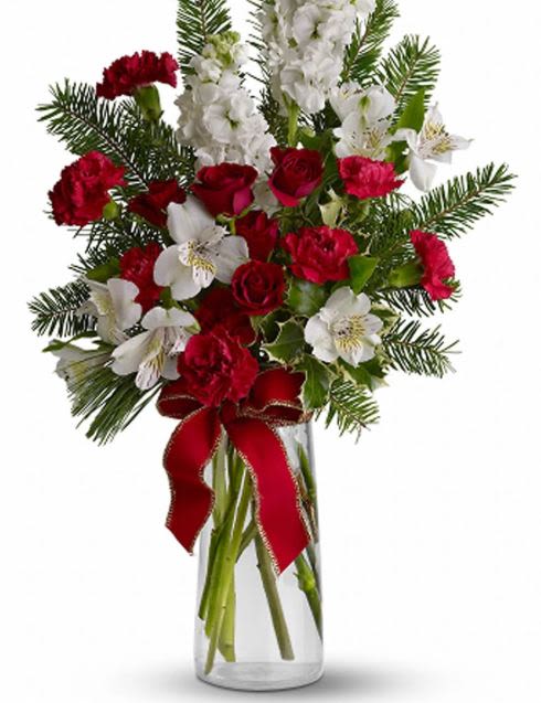Holiday Elegance Vase Arrangement - The Holiday Elegance Vase Arrangement is a timeless Christmas design featuring rich red roses, white alstroemeria, premium white stock, and fragrant winter greens. Arranged in a tall, clear vase and finished with a festive red ribbon, this piece delivers classic holiday beauty with a touch of luxury.