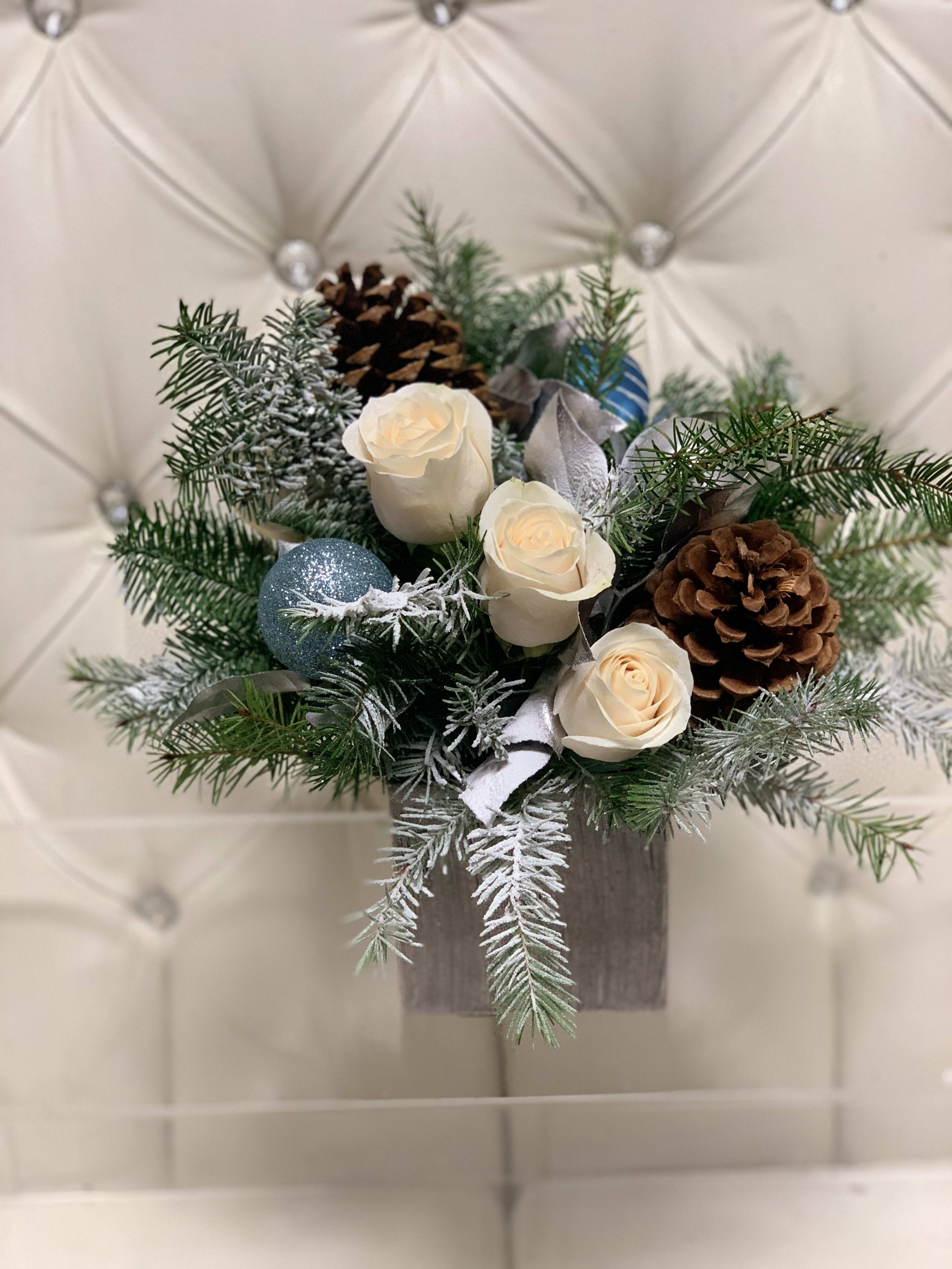 Winter wonderland  - Silver square vase  Combined with some lovely white roses and a lovely Christmas greenery and decorations 